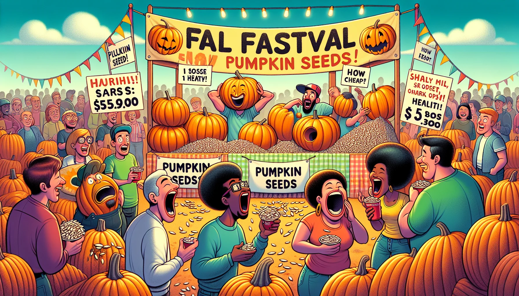 Depict a humor-filled fall festival scene. The main highlight is the pumpkin seeds. There are stands selling these nutritious treats at low prices to promote healthy eating. Visitors of diverse descents and genders are interacting with the vendors and each other, expressing surprise, delight, and amusement at the pumpkin seed theme. They are seen feasting on the pumpkin seeds while laughing and having fun. There are banners and signs promoting the health benefits of pumpkin seeds and showing how cheap they are in this festival. The scene is infused with the vibrant colors and warmth of fall.