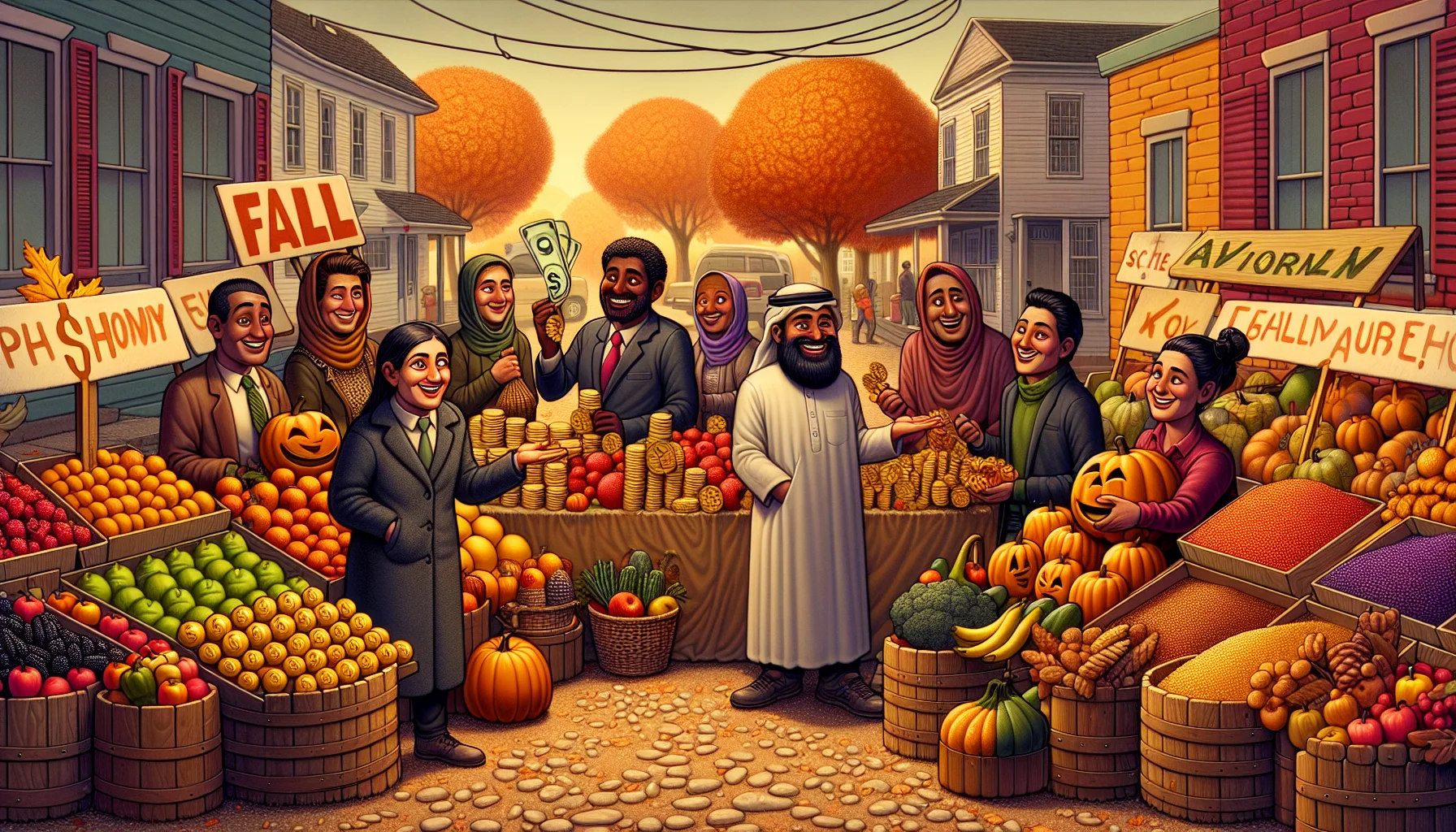A humorous scene in the setting of a Fall Fest Web Walkabout: A street lined with stalls brimming with vibrant autumn harvest. Cheery stall owners, a Hispanic man and a Middle-Eastern woman, are enticing passersby, a balanced group of Caucasian, Black, and South Asian men and women, with their tempting array of fresh produce sold at bargain prices. The affluent fruits, vegetables, and grains are comically shaped like gold coins and dollar bills, implying the affordability of quality nutrition. Warm hues of the fall season add to the festive, inviting atmosphere.