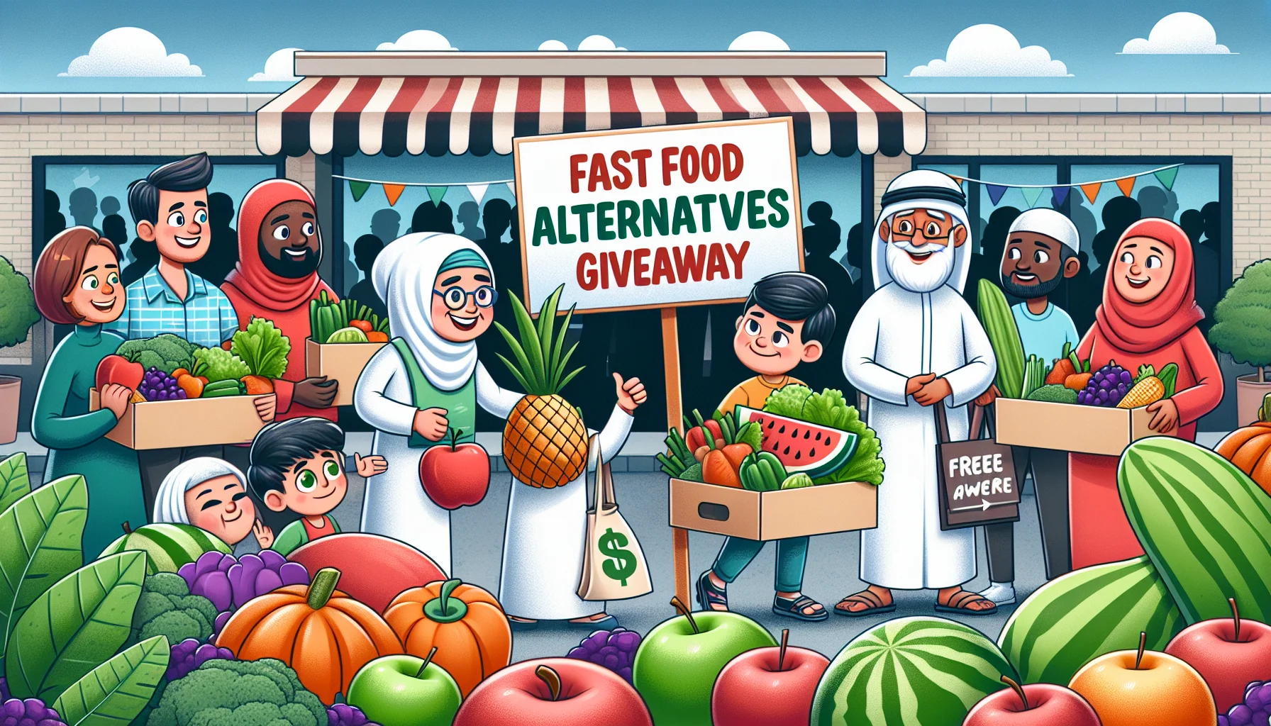Design a playful and engaging image representing a 'Fast Food Alternatives Giveaway'. Show a comical scene where various vegetables and fruits are carrying banners and placards promoting the benefits of healthy eating. Include a signboard displaying the significantly lower costs of these healthy foods compared to fast food. To create an enticing environment, backdrop the scene with a local market bustling with diverse people - a Middle-Eastern woman comparing apples, a South Asian man perusing leafy greens, a Caucasian child excitedly pointing at a watermelon, and a Black senior man happily bagging some oranges.