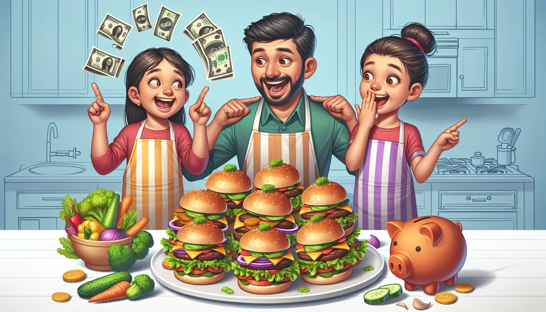 Create an amusing and realistic image signifying Father's Day Slider Recipes. Illustrate mini, juicy burgers with lots of colorful vegetables. Show them arranged on a platter in a playful way mimicking low-cost but nutritional food items. Perhaps they can be shaped like dollar bills or piggy banks. Have a father and kid, possibly a Middle-Eastern daughter and a South Asian dad, both wearing aprons and playfully arguing about who makes the best sliders: the ones that are both tastier and healthier.