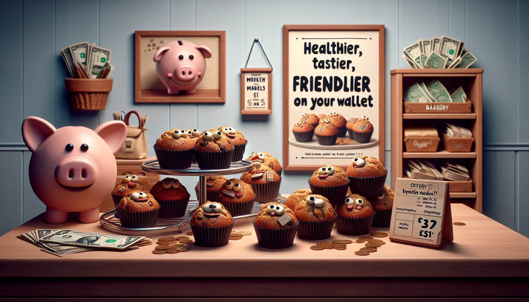 Create a hyperrealistic still-life image of a delightful scene that leaves viewers chuckling lightly to themselves. In the middle of the scene, a group of appetizing, vegan oat muffins stare tantalizingly at the viewer from an inviting bakery display case. They're labelled with a small, cheeky sign that reads 'healthier, tastier, friendlier on your wallet'. Surrounding this, add background details implying an exaggerated frugality: a piggy bank with a triumphant smirk, a wallet overflowing with dollar bills, and a price tag showing a surprisingly low cost. This wholesome, humorous scene invites viewers towards a healthier, more affordable lifestyle whilst promoting plant-based indulgence.