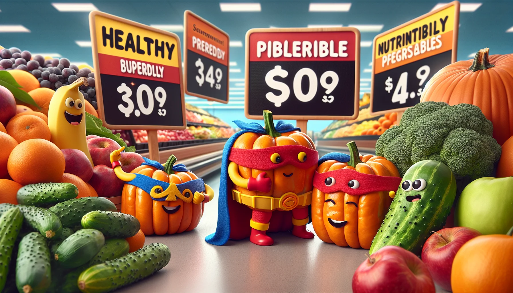 Create a vivid image portraying a humorous and irresistible scene. It features Festive Pumpkin Sweet Rolls satirically dressed in superhero costumes promoting the healthy and budget-friendly aspects of their own. They're showcased in a colorful grocery store setting, surrounded by price tags that amusingly depict the inexpensive nature of these nutrition-packed delights. Adding to the humor, have other fruits and vegetables looking on in surprise and admiration. Include vibrant colors to add to the festive theme and make the scene lighthearted and appealing.