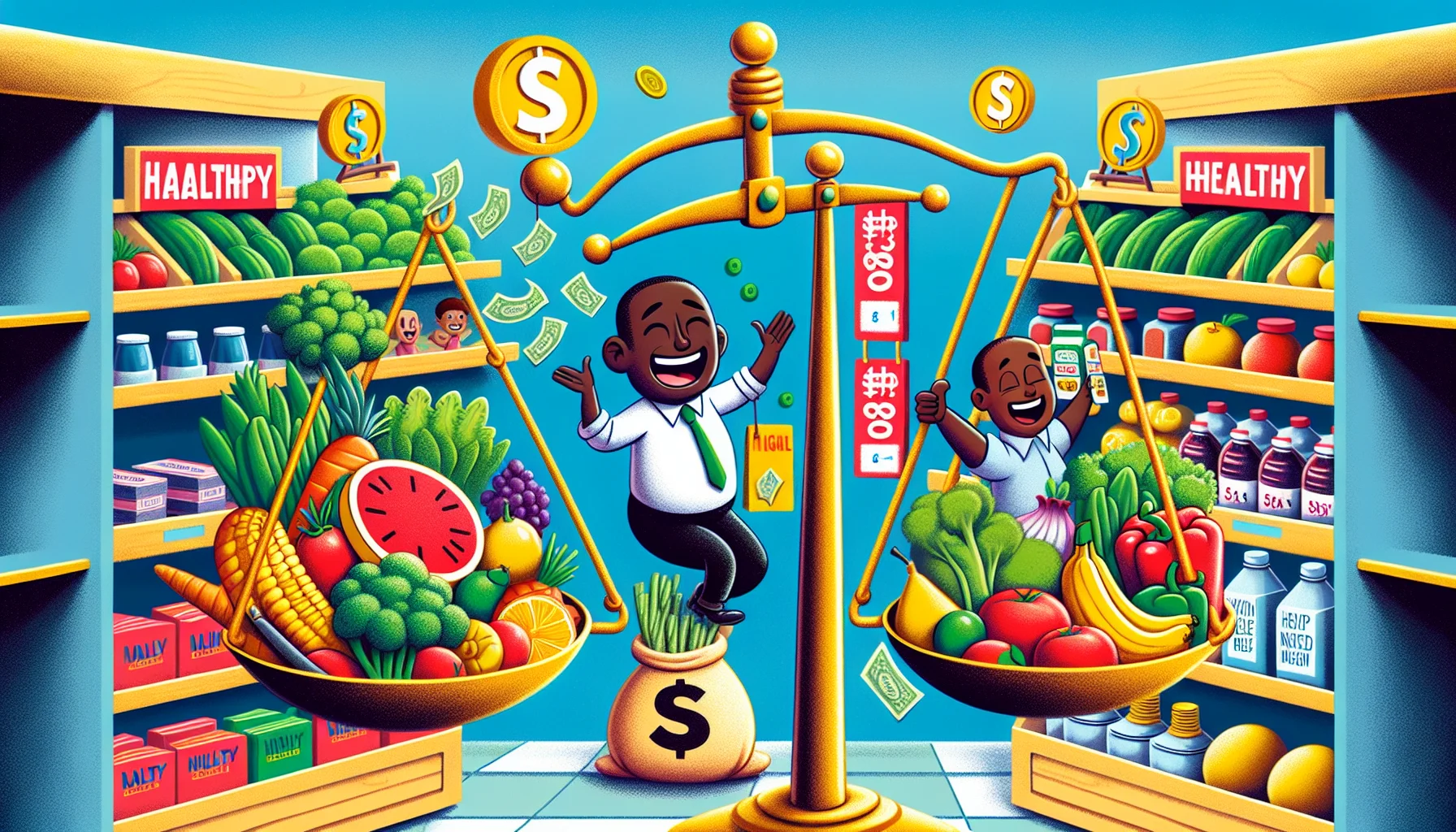A humorous illustration showcasing the concept of Finding Your Personal Health Balance. The scene includes a balanced scale in the center that has various healthy foods such as fruits and vegetables on one side and a bag of money on the other side. Additionally, a happy cartoon character, a Caucasian male, is choosing the side of healthy foods and another character, a Black female, is laughing while throwing inexpensive but nutritious goods into the scale. The background consists of a vibrant supermarket aisle filled with healthy food options, all clearly marked with affordable prices.