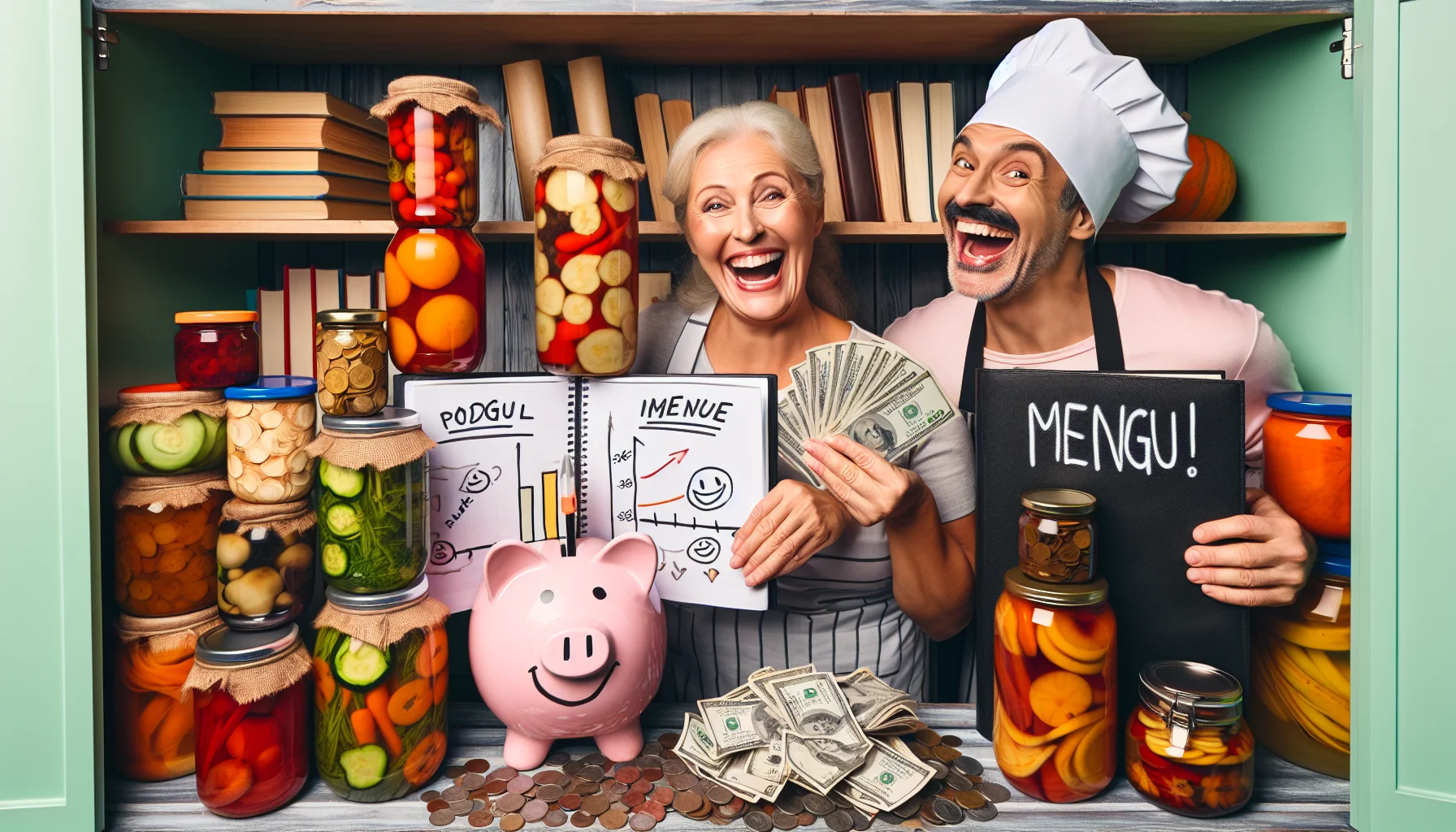 An amusing scene capturing Food Preservation and Menu Planning. We see a variety of vividly colorful preserved fruits and vegetables, stacked neatly inside a well-organized pantry. A set of cookbooks are situated near a personalized menu plan full of budget-friendly meals, with marker scribbles and smiley faces on it. A man with a chef's hat (Caucasian) is grinning broadly, holding out fresh produce in one hand and shaking a piggy bank with the other, coins jingling from within. A middle-aged woman (Black) is laughing, showing a wallet full of cash, saved from their low-cost meals. Their facial expressions convey they are genuinely enjoying their health-conscious and budget-smart lifestyle.