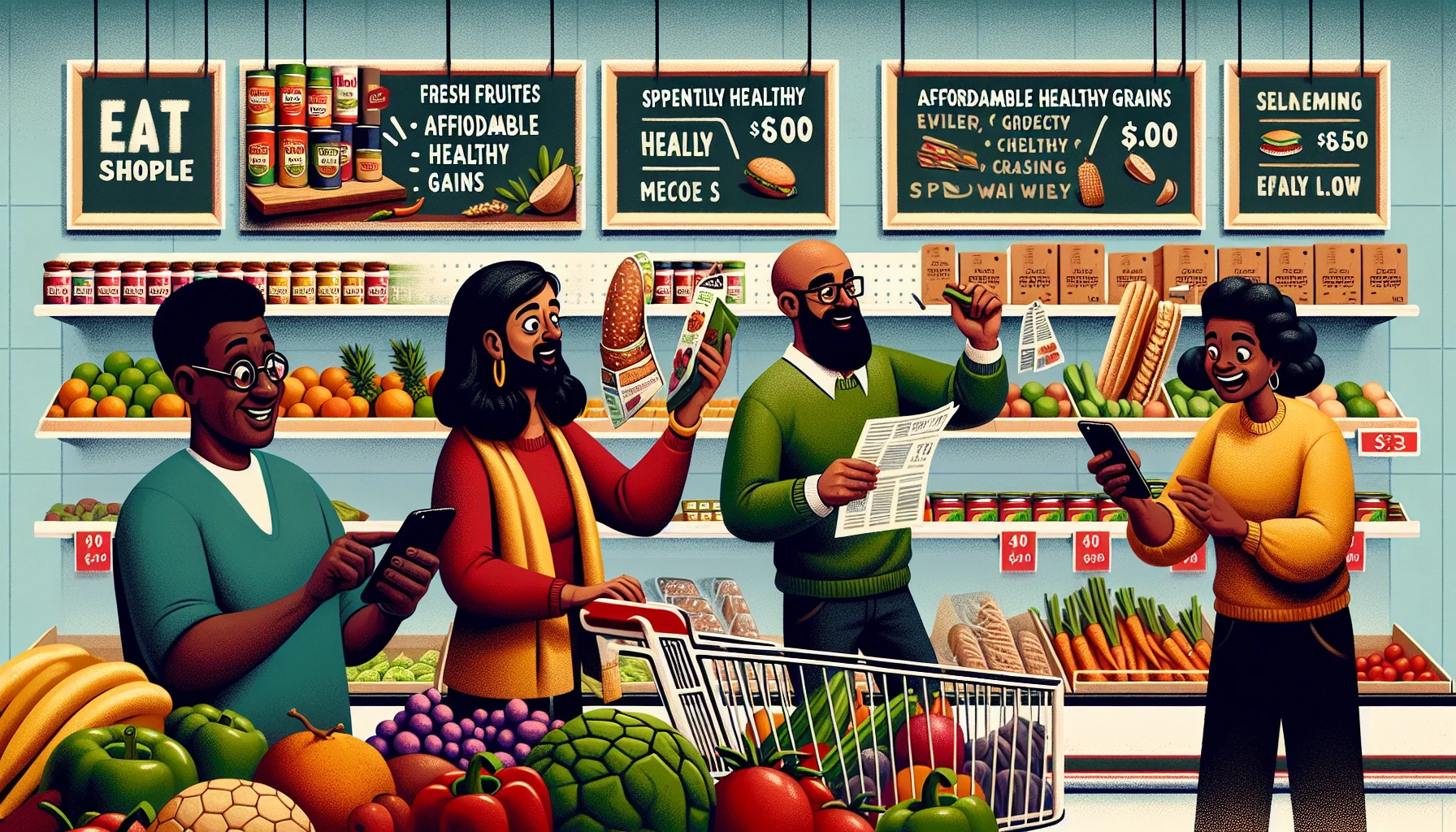 Create a humorous yet realistic scene set in a grocery store. The available items are fresh fruits, vegetables, affordable healthy grains and economical lean meat cuts. Incorporate characters - a Black woman efficiently using coupons, a Middle Eastern man comparing product prices on his smartphone, and a Caucasian child excitedly grabbing seasonal fruits from the shelf. Add a subtle background banner reading 'Eat Healthy, Spend Wisely.' The overall atmosphere should suggest effective budget management for grocery shopping while emphasizing the benefits of cost-effective yet healthy eating.