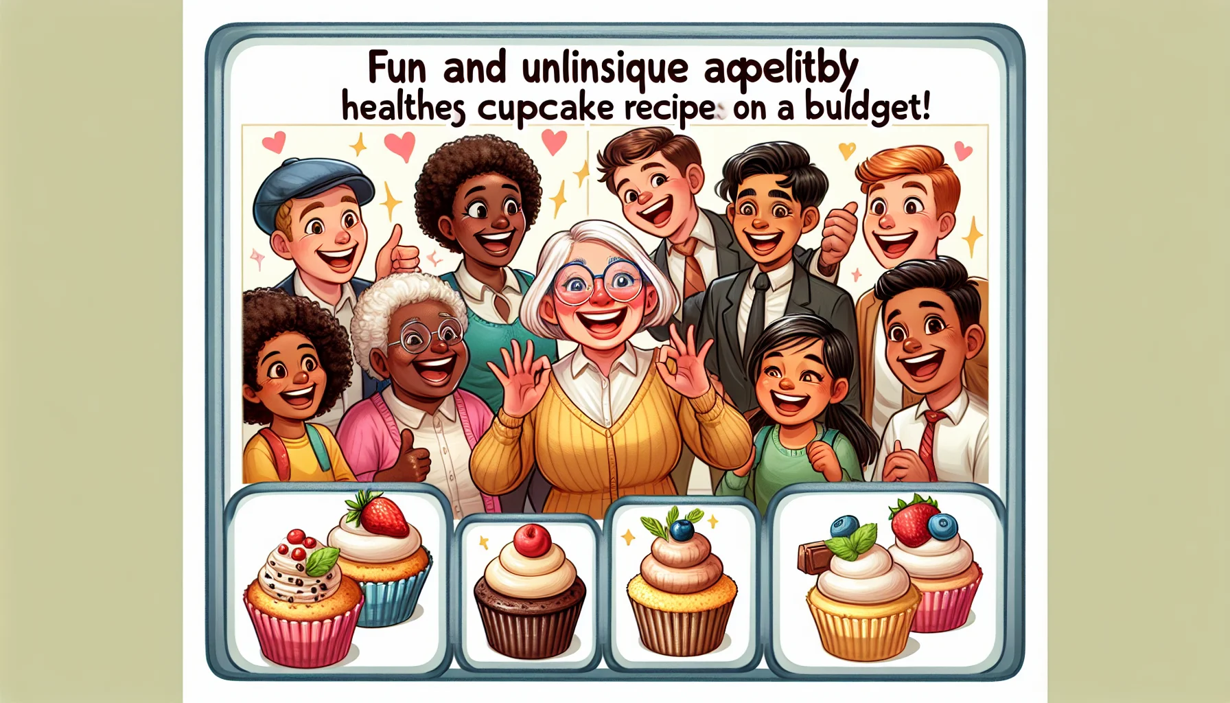 A cheerful illustration highlighting a comical scene around fun and unique healthy cupcake recipes on a budget. Display a variety of distinctive types of cupcakes, each composed of all-natural ingredients representing affordable healthy choices. Also, picture an unexpected group of frame-filling happy customers delightfully surprised by these cupcake alternatives. Among the shoppers: a Caucasian female senior citizen, a black schoolboy in uniform, a Middle-Eastern young woman with a nose ring and a South Asian gentleman in business attire. Make sure that the atmosphere of the scene is light-hearted and creates a warm, inviting picture of budget-friendly healthy indulgence.