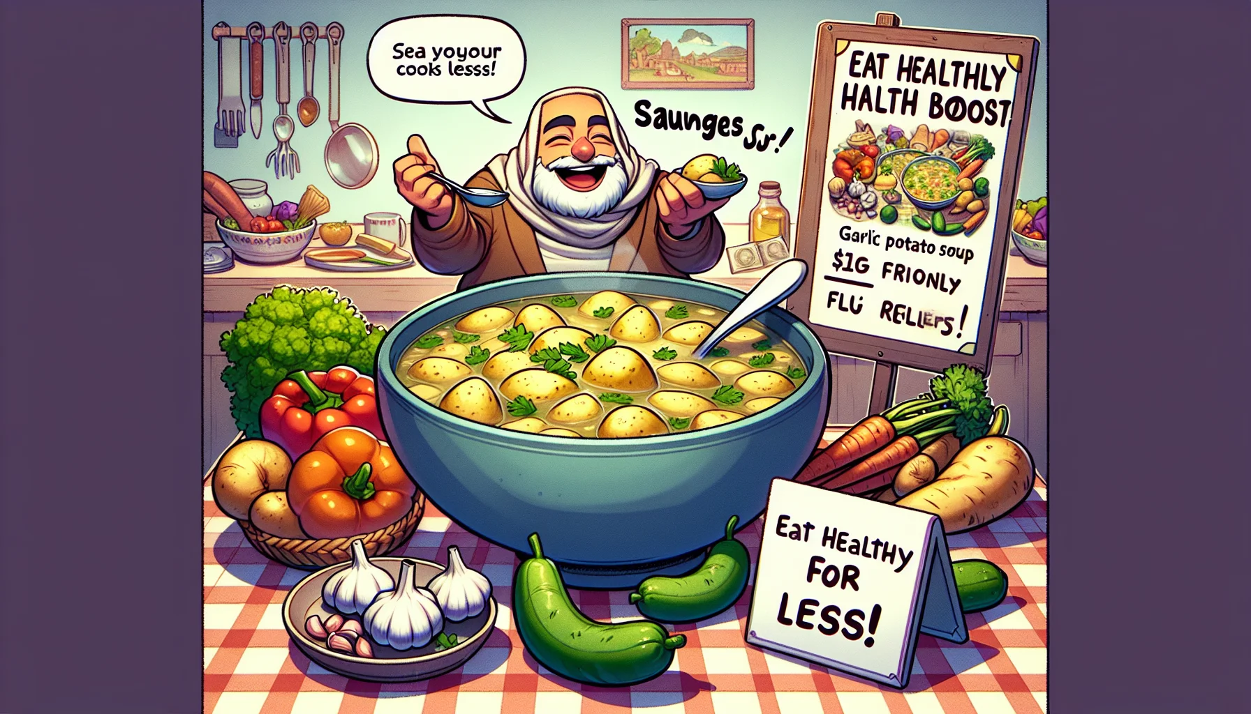 Imagine a comical scene where a big bowl of garlic potato soup, known for flu relief, is sitting on a table. Next to it are vegetables and a variety of other healthy ingredients, indicating an affordable yet nutritious meal. A cartoon-styled sign in the corner of the image reads 'Eat healthy for less!' To add a touch of humor, include a character, say a frugal Middle-Eastern man, chuckling as he lovingly scoops up a spoonful of the soup, clearly delighted with his 'budget-friendly health boost' choice. Make sure the details portray a warm, homely setting.