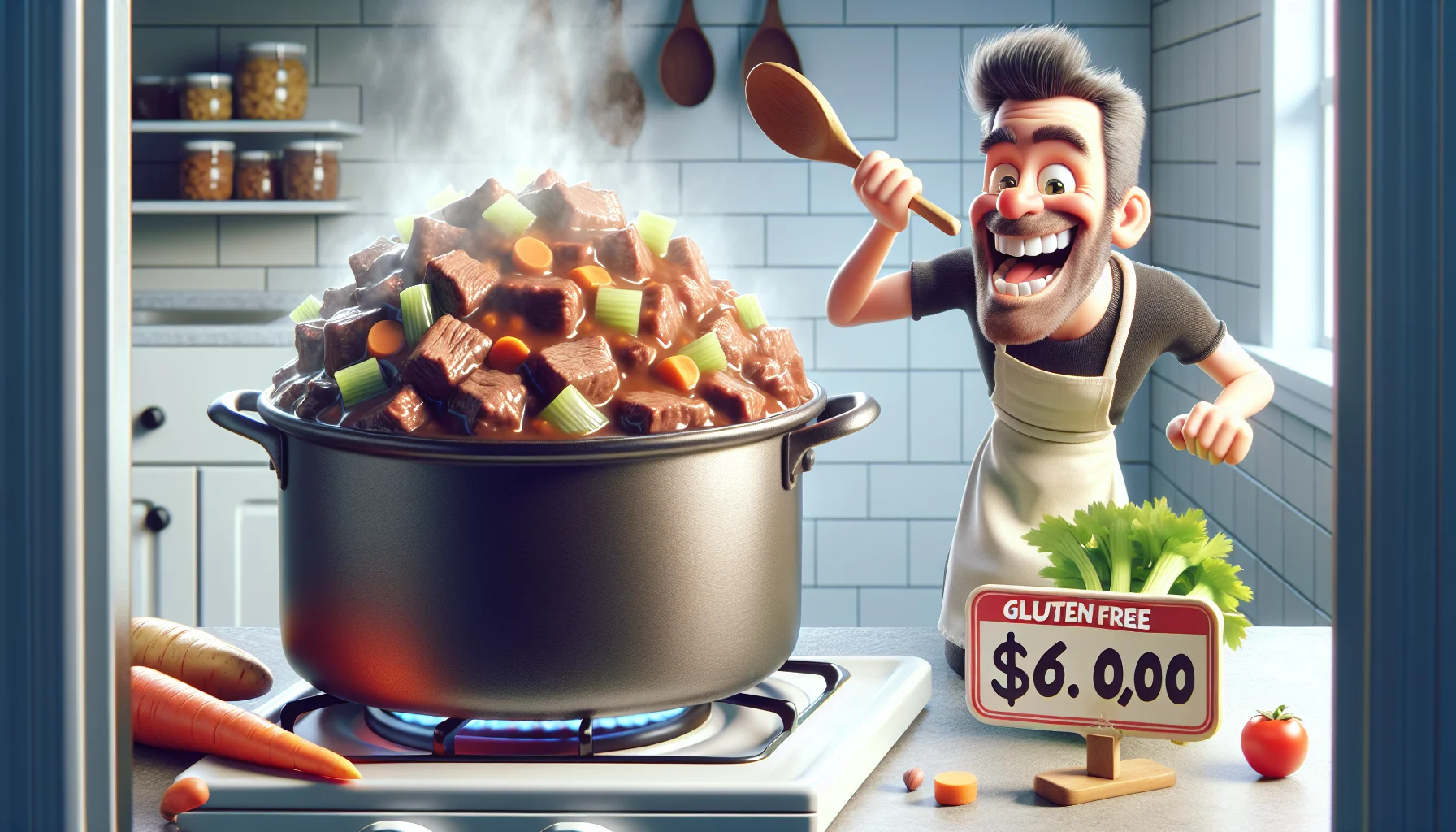 An amusing scene where a large pot of delicious looking, gluten-free beef stew is bubbling away on a modest stove. A cartoon chef with a wide grin, wearing an apron, is leaning over the pot, playfully poking at the stew with a wooden spoon. The chef has a magnified body to accentuate the comedic effect. The stew is full of visible ingredients - chunks of beef, carrots, celery, and potatoes, all steamy and inviting. Near the stove is a price tag with a surprisingly low cost, enticing viewers to opt for healthy food on a budget.