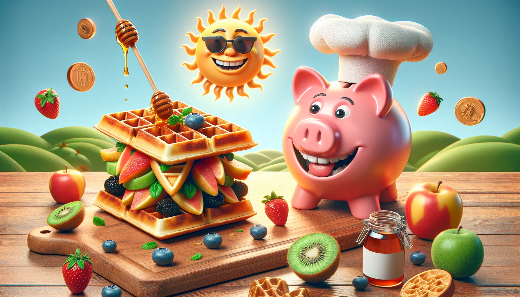 Create an image of a gourmet waffle breakfast sandwich scenario that promotes eating healthy on a budget. Picture two waffle sandwiches, filled with fresh fruits and a drizzle of honey. An animated piggy bank symbolizing affordability stands to the side, flashing a confident grin and wearing a chef's hat. In the background, a sun with a face and wearing sunglasses, rises behind a rolling hill. The scene is simultaneously whimsical and encouraging, invoking a sense of joy in healthy, affordable eating.