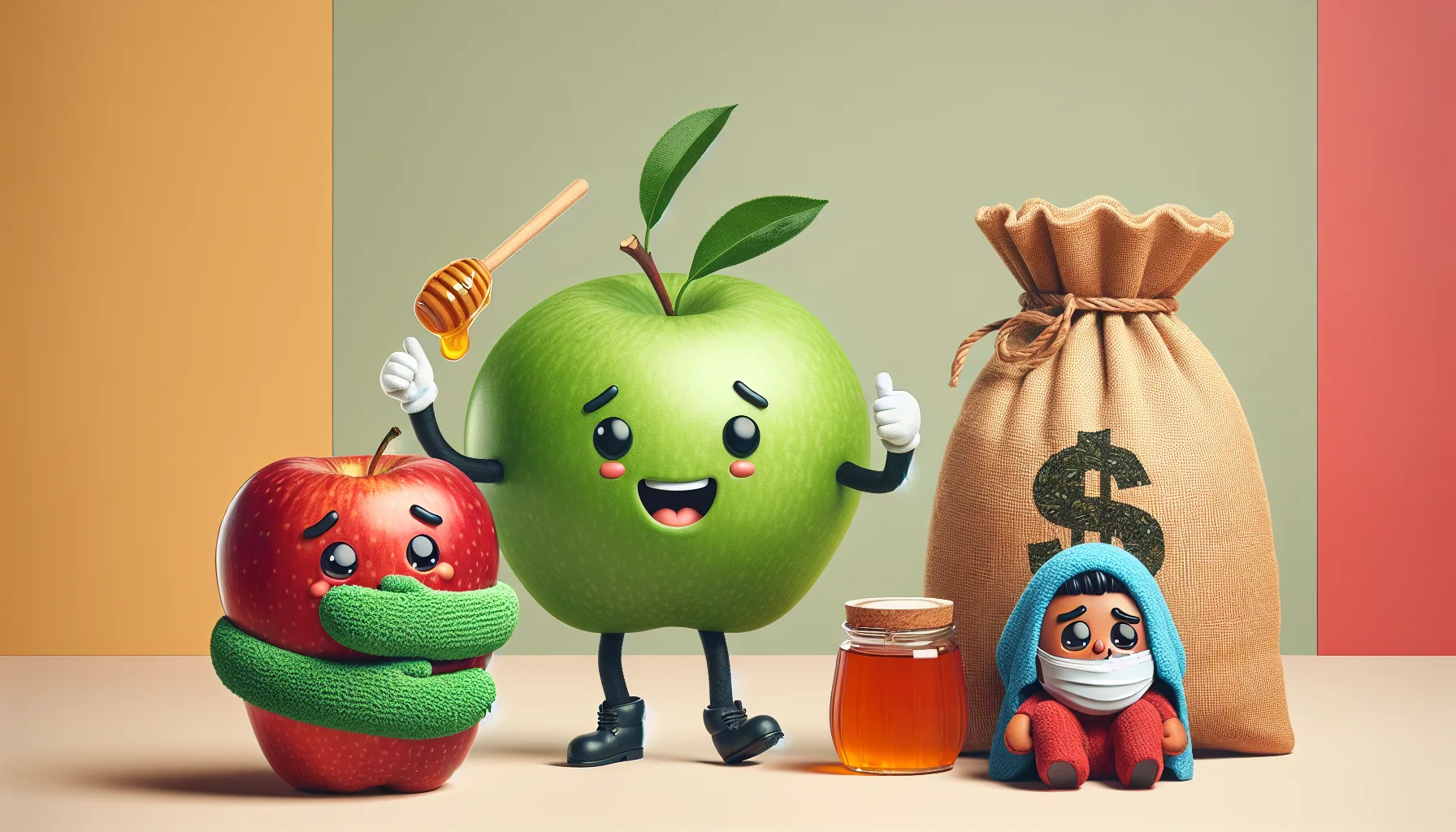 Produce a humorous image encapsulating the concept of using green tea as a remedy for the flu. In this visual story, depict an apple and a honey jar, both with joyful faces, humorously acting out an over-the-top, expensive lifestyle. Simultaneously, show a modest bag of green tea, portrayed as a sensible character offering warmth and care to a person of South Asian descent who appears to be under the weather. Convey through visual elements how relying on green tea for health benefits can be both beneficial and financially savvy.