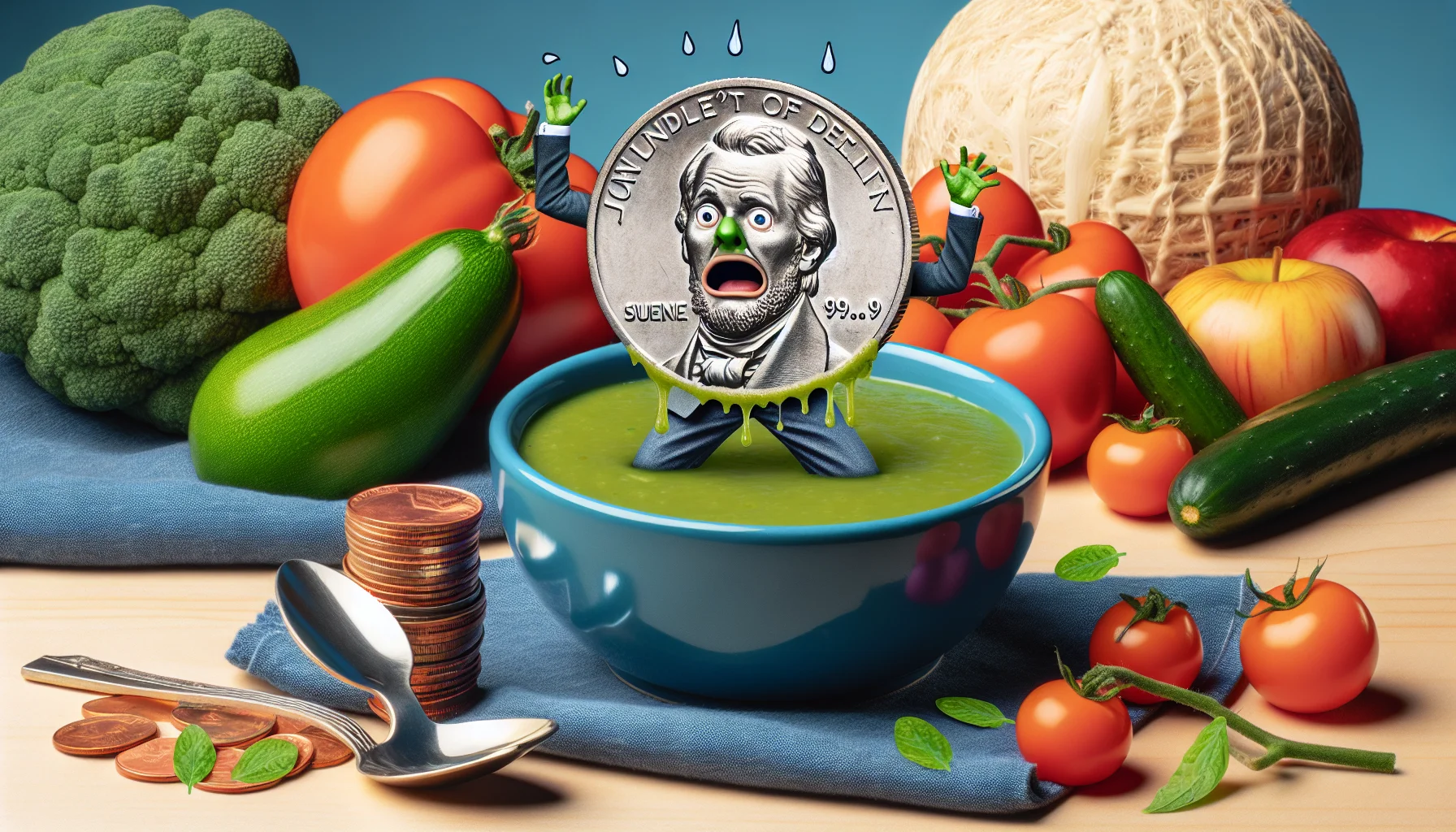 Imagine a humorous, yet realistic food scene featuring a vibrant bowl of green tomato soup. Beside it, a coin, nickel or dime, humorously sweating or gasping at the sight of the soup, showcasing affordability. Around are farmers market style fruits and vegetables indicating a healthy environment. The overall scenario triggers the notion of eating healthy for less, inspiring every viewer to consider this frugal yet healthy dining choice.