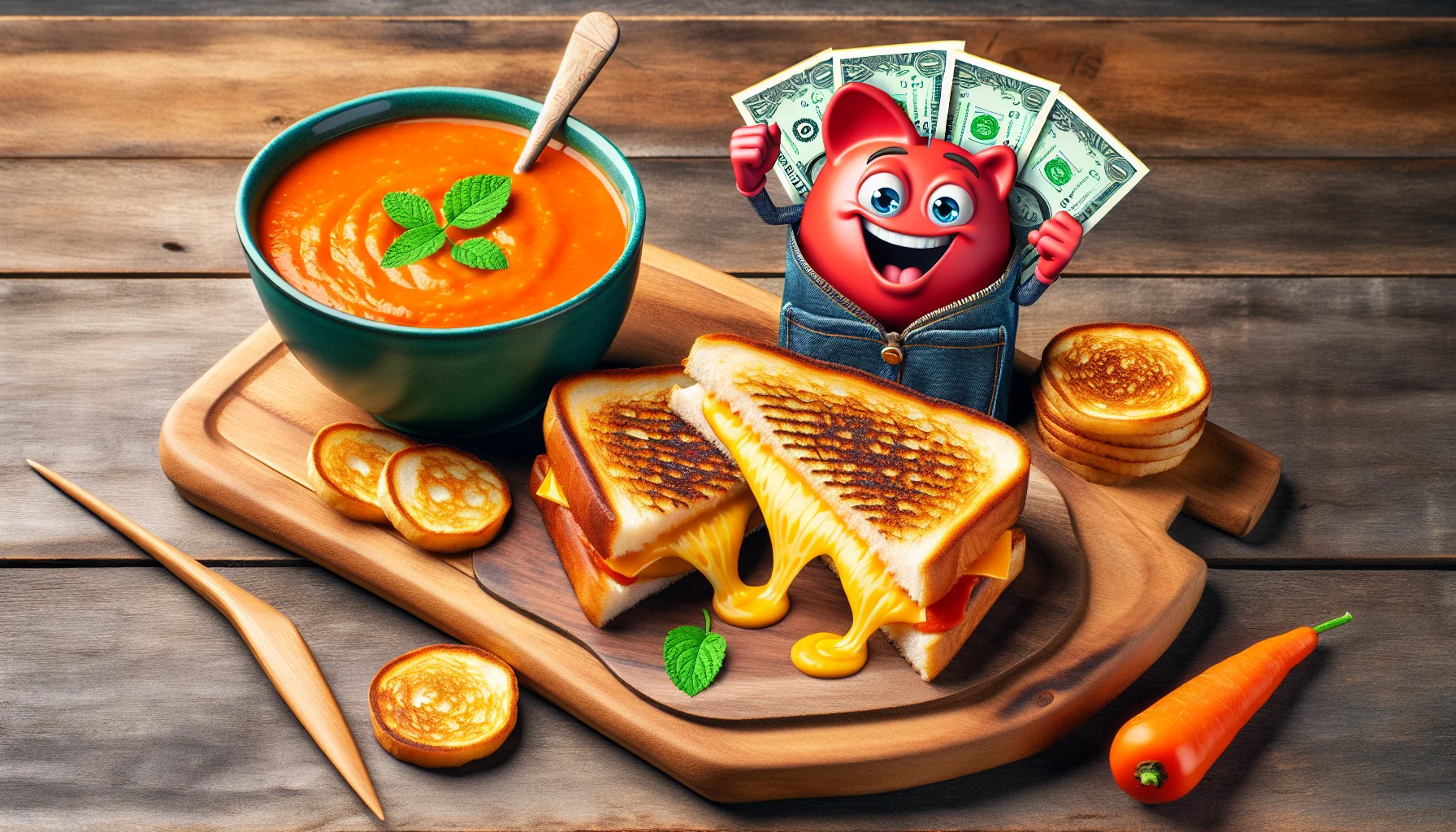 Create a comedic and lively image of a money-saving meal that's appetizing and good for your health. Picture a succulent, golden-brown grilled cheese sandwich filled with melting cheese, sitting next to a bowl of fresh tomato soup that's bubbling gently. Perhaps there's a caricature of a happy wallet, exclaiming how much money it has saved, and a smiling heart symbolizing health benefits. All the elements are placed on a rustic wooden table, creating a warm and inviting scene. This humorous portrayal of an affordable, health-conscious eating strategy should make viewers hungry to try the dish.