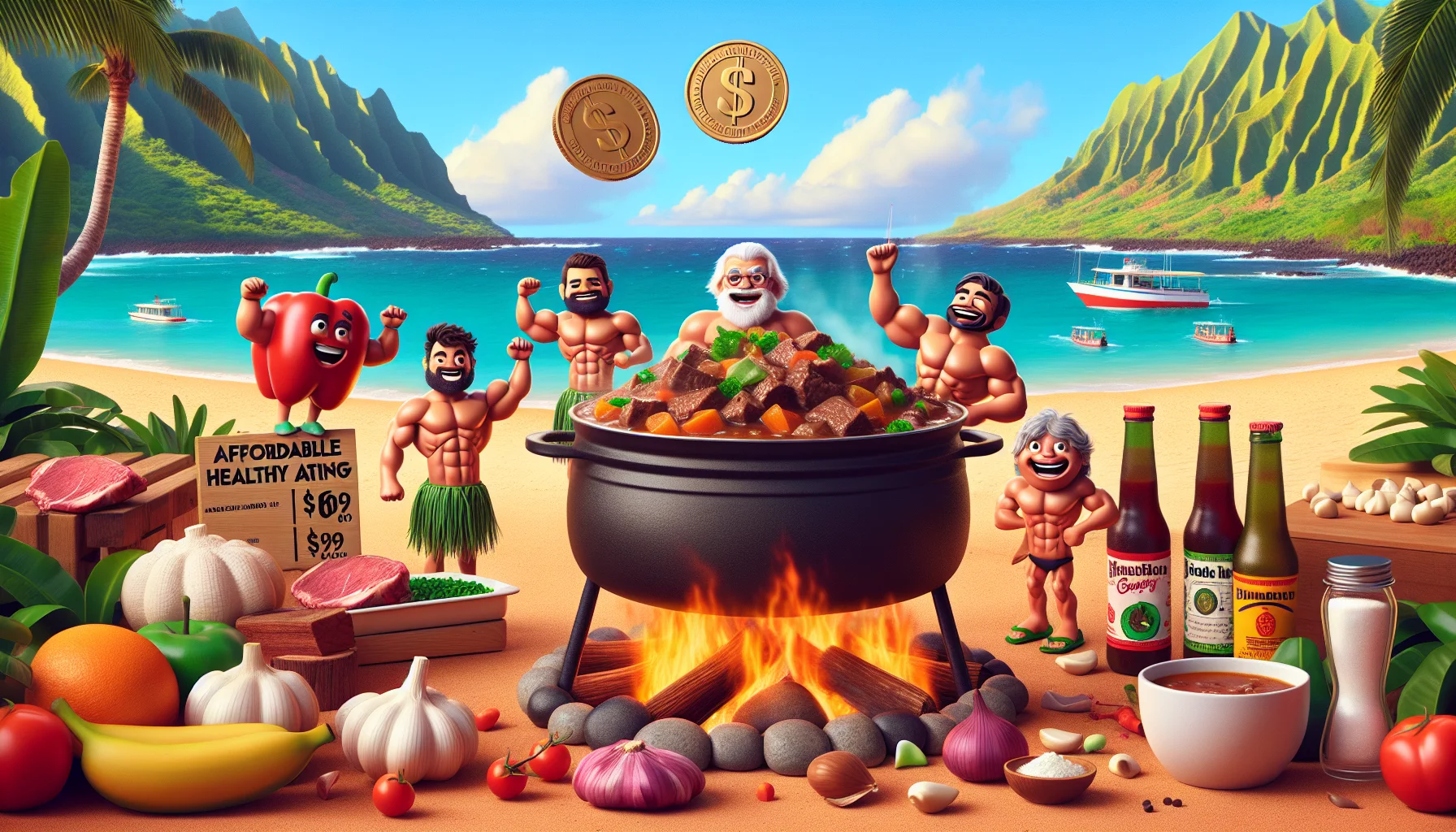 Generate a humorous and realistic image that depicts a scene of a Hawaiian beef stew recipe. Set in a fun and inviting setting, perhaps where the ingredients themselves are animated characters with expressive faces cheerfully promoting affordable healthy eating. The whole scene can be on a Hawaiian beach backdrop with the stew bubbling in a pot over an open fire, drawing in people with its vibrant colors and mouth-watering aroma. Include elements that illustrate the affordability of the meal, such as price tags hanging off each ingredient or coin graphic showing the total cost.