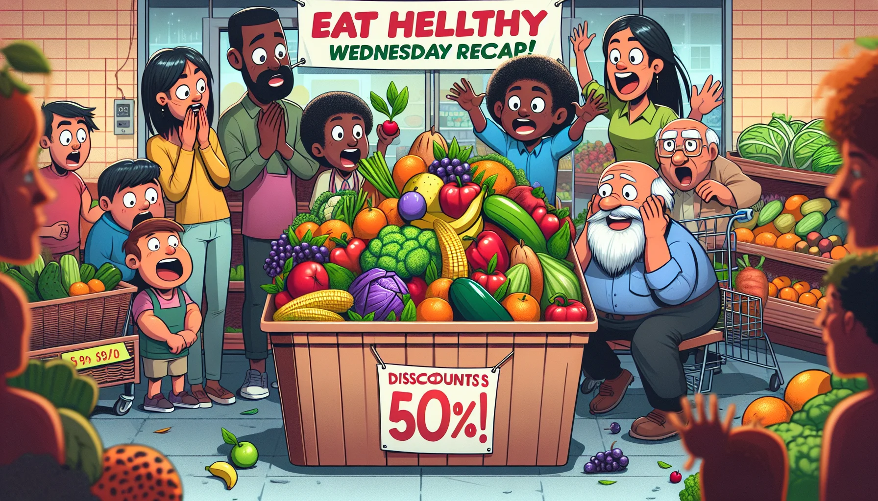 Create a humorous illustration on the concept of 'Health and Wellness Wednesday Recap'. Picture an array of colorful fresh fruits and vegetables packaged in an exaggeratedly large discounts bin in a local grocery store. Meanwhile, a diverse group of individuals - a Black female, Hispanic man, Caucasian kid, and Middle-Eastern grandfather - are depicted shopping excitedly, some holding fruits and veggies, with wide eyes and surprised faces seeing the remarkable low prices. A banner overhead should read 'Eat Healthy For Less!' Show some reactions of people around the shop, such as a worker restocking the bin with vegetables or a shopper scratching their head in astonishment.