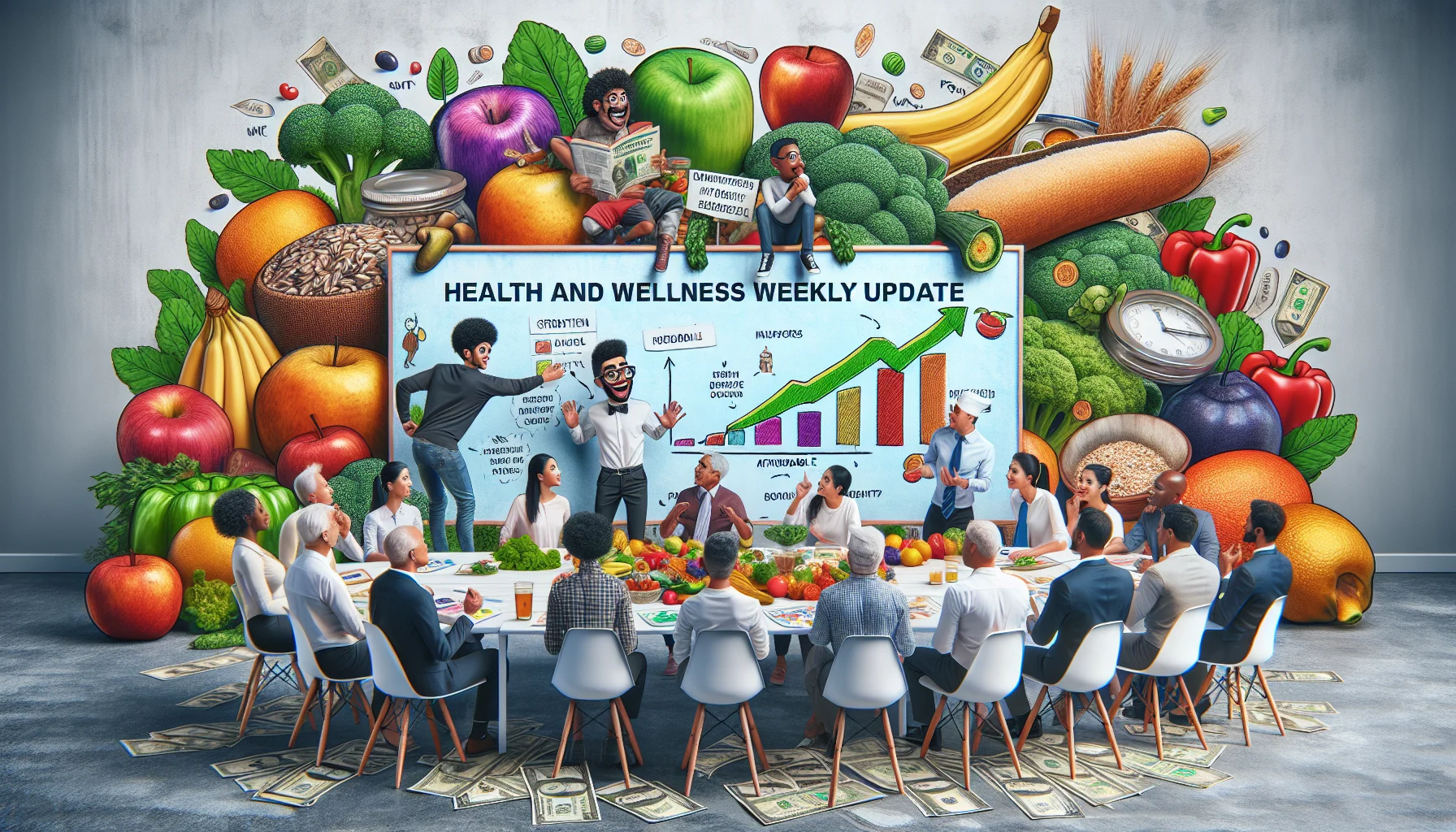 Create a humorous, hyperrealistic image that represents a 'Health and Wellness Weekly Update'. The scene should consist of a casual gathering of diverse individuals, each from a different descent (Black, Caucasian, South Asian, Hispanic, and Middle-Eastern), engaging in a lively discussion on strategies to maintain a healthy diet at a low cost. In the background, display an abundance of colorful fruits, vegetables, and whole grains, symbolizing an affordable, nutritious diet. Add fun elements like a whiteboard with hand-drawn cartoons illustrating the benefits of healthy eating and a pile of dollar bills whimsically replaced by broccoli and apples.