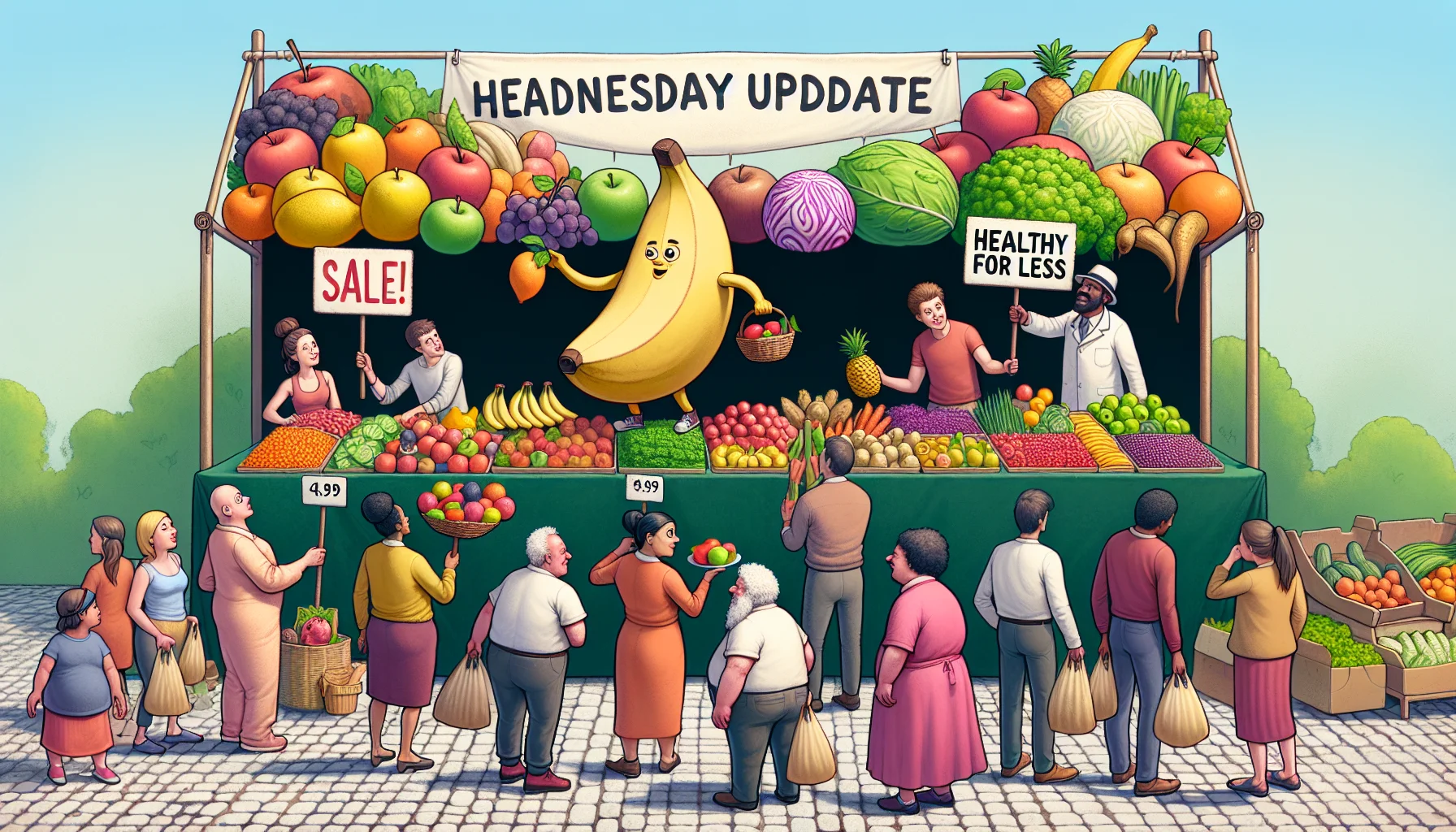 Create an amusing scenario depicting Health-Focused Wednesday Update. Visualize a delicious, colorful and vibrant array of fruits and vegetables at a bustling farmer's market with a large sign displaying 'Sale! Healthy for Less'. Shoppers of various descents such as Caucasian, Hispanic, and Middle-Eastern men and women jovially haggling prices, filling their bags with fresh produce. In the middle, a comical caricature of a stout banana haggling with a skinny apple, as a subtle and fun reminder of the importance of a balanced diet.
