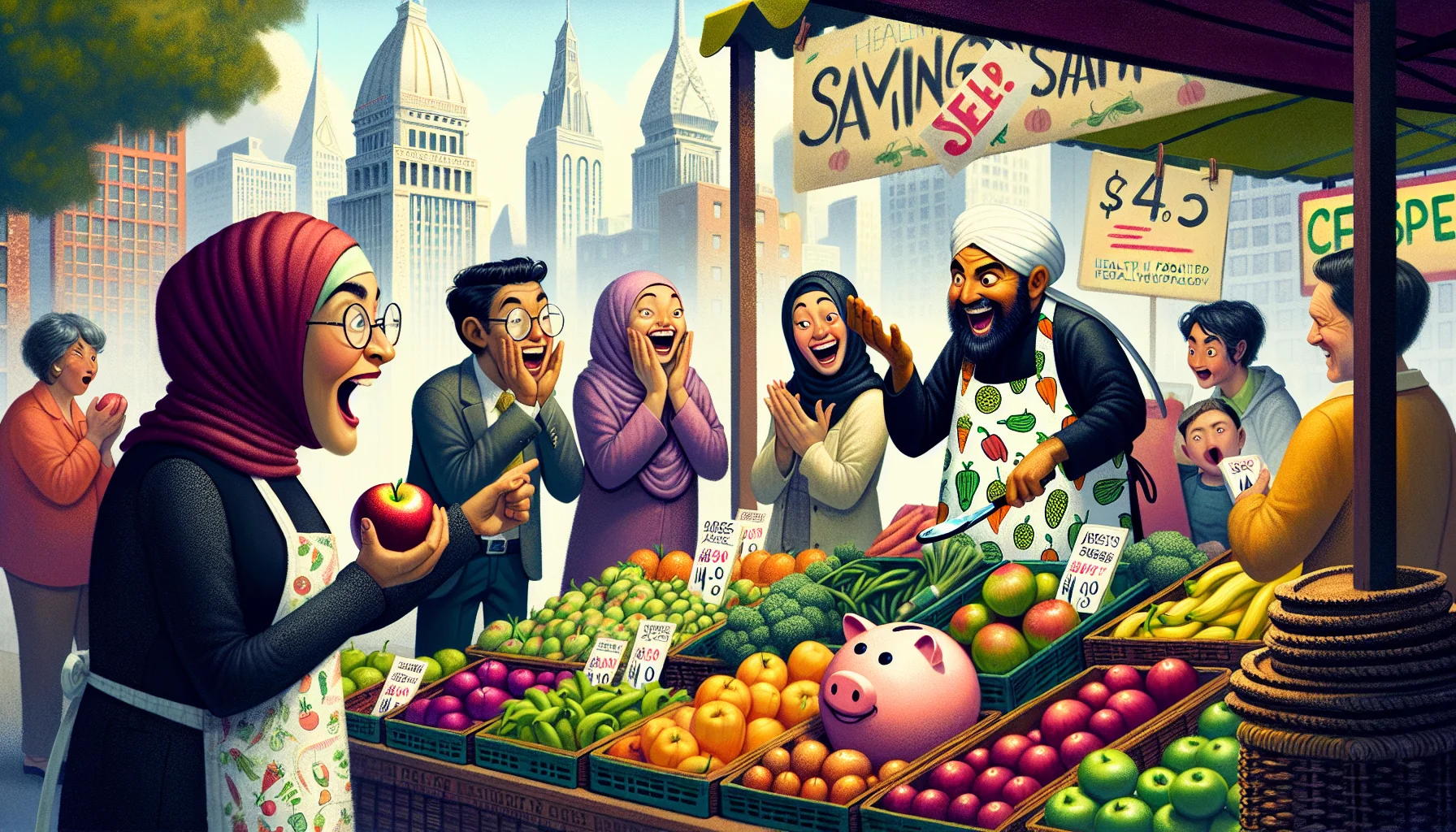 An amusing scene portraying Health-Focused Wednesday at a local farmer's market. A charismatic female vendor of Middle Eastern descent donning an apron covered in vegetables illustrations is offering colorful, fresh produce at an unbelievably low price, making customers clasp their sides in laughter. A Hispanic gentleman is overly surprised, inspecting an apple with an exaggeratedly magnifying glass, while an Asian boy nearby is joyfully shaking a giant piggy bank with 'savings' written on it. The market stalls are piled high with a range of vibrant fruits and vegetables, and signs advertise the reduced prices.