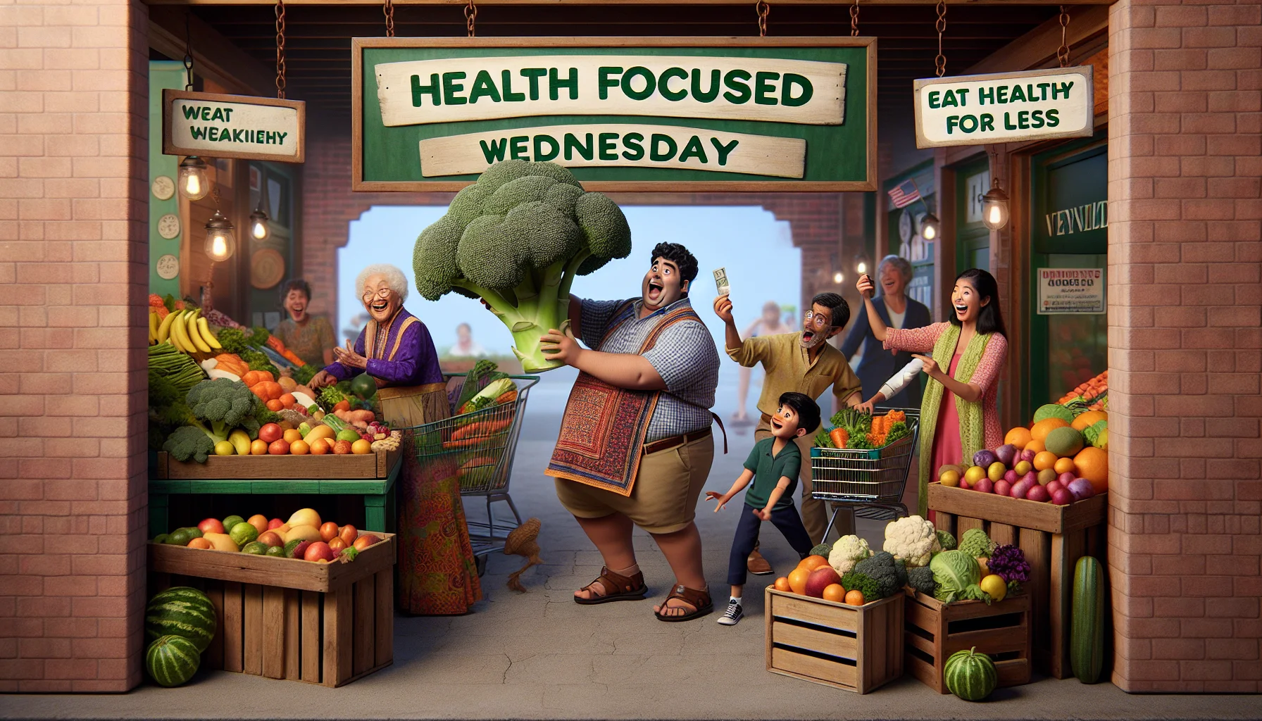 Visualize a humorous scenario themed around Health Focused Wednesday. Let's begin with a vibrant farmers' market, brimming with fresh, colorful fruits and vegetables displayed in rustic wooden crates. A sign reading 'Health Focused Wednesday - Eat Healthy for Less' stands prominently at the entrance. For diversity, include an elderly Asian man humorously weighing a giant, oversized broccoli in one hand and change from a recent purchase in the other, a shocked expression on his face. Add a couple of Caucasian children, a boy and a girl, gleefully racing with their carts filled with healthy foods. In the background, a South Asian female vendor, wearing traditional clothing, is laughing heartily at the sight. The overall atmosphere is lively, warm, and inviting, perfectly encapsulating the joy and affordability of eating healthy.