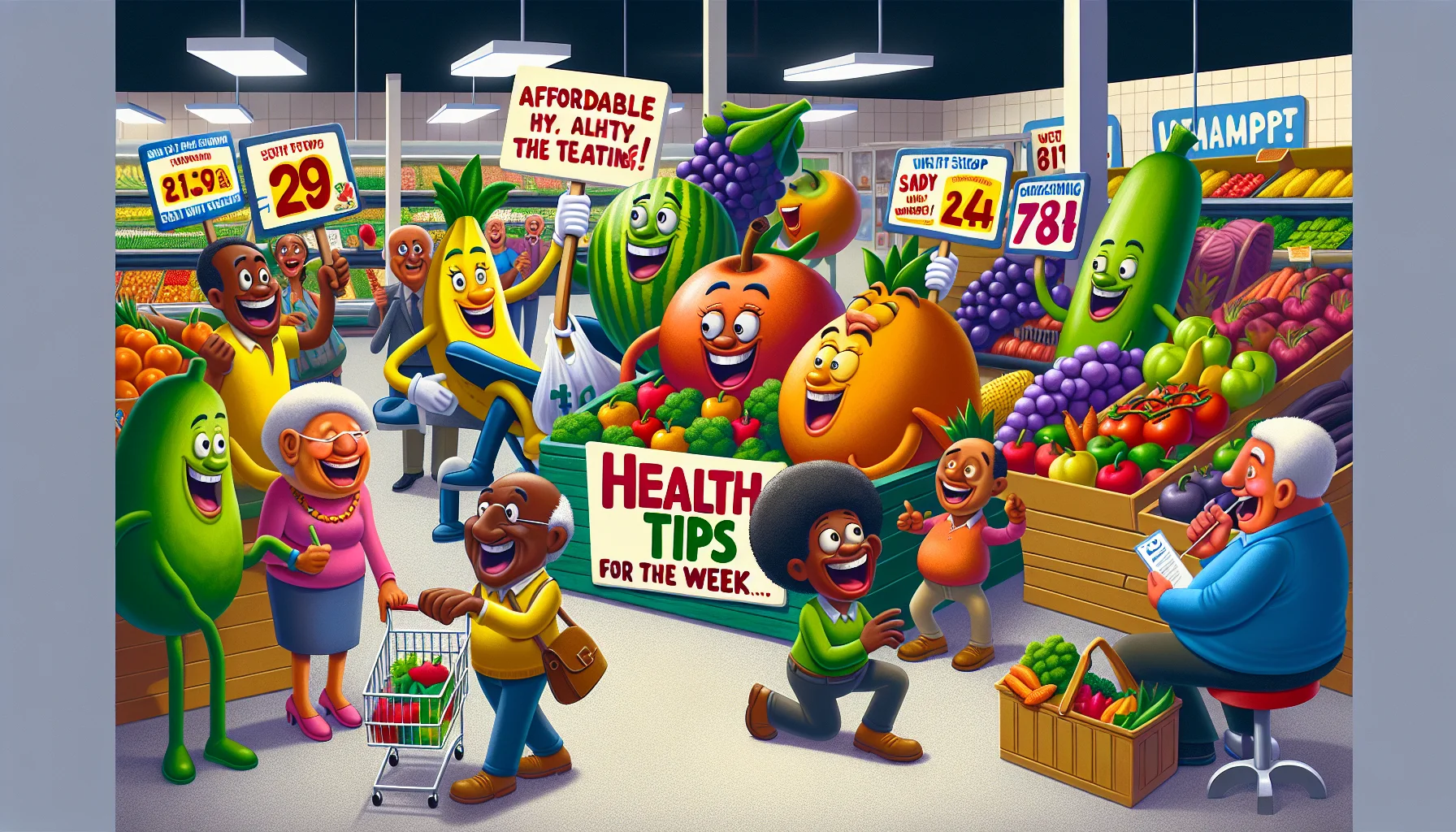 Create a colorful and humorous image of a grocery store scene, where a variety of fruits and vegetables are engaging in theatrical antics to attract attention. The fruits and vegetables are anthropomorphised and are holding up signs that read 