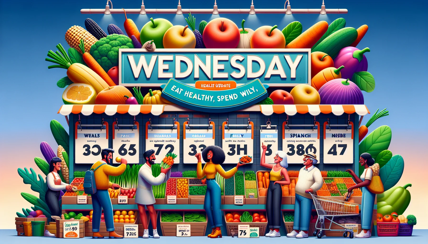 Generate a lively and colorful image of a playful scene unfolding on a Wednesday. We see a large, stylish calendar on the wall prominently displaying the date. Beside it, a vibrant fruit and vegetable market is set up, overflowing with nutritious options such as apples, carrots, spinach, and more. Characters with diverse appearances, including a middle-aged Caucasian man, a young Hispanic woman, an elderly Asian woman, and a dashing Black teenager, are seen selecting their choices gleefully as prices visibly marked are surprisingly low. A light-hearted tagline in bold letters at the top reads 'Eat Healthy, Spend Wisely, Feel Fantastic - Health Update Wednesday'.