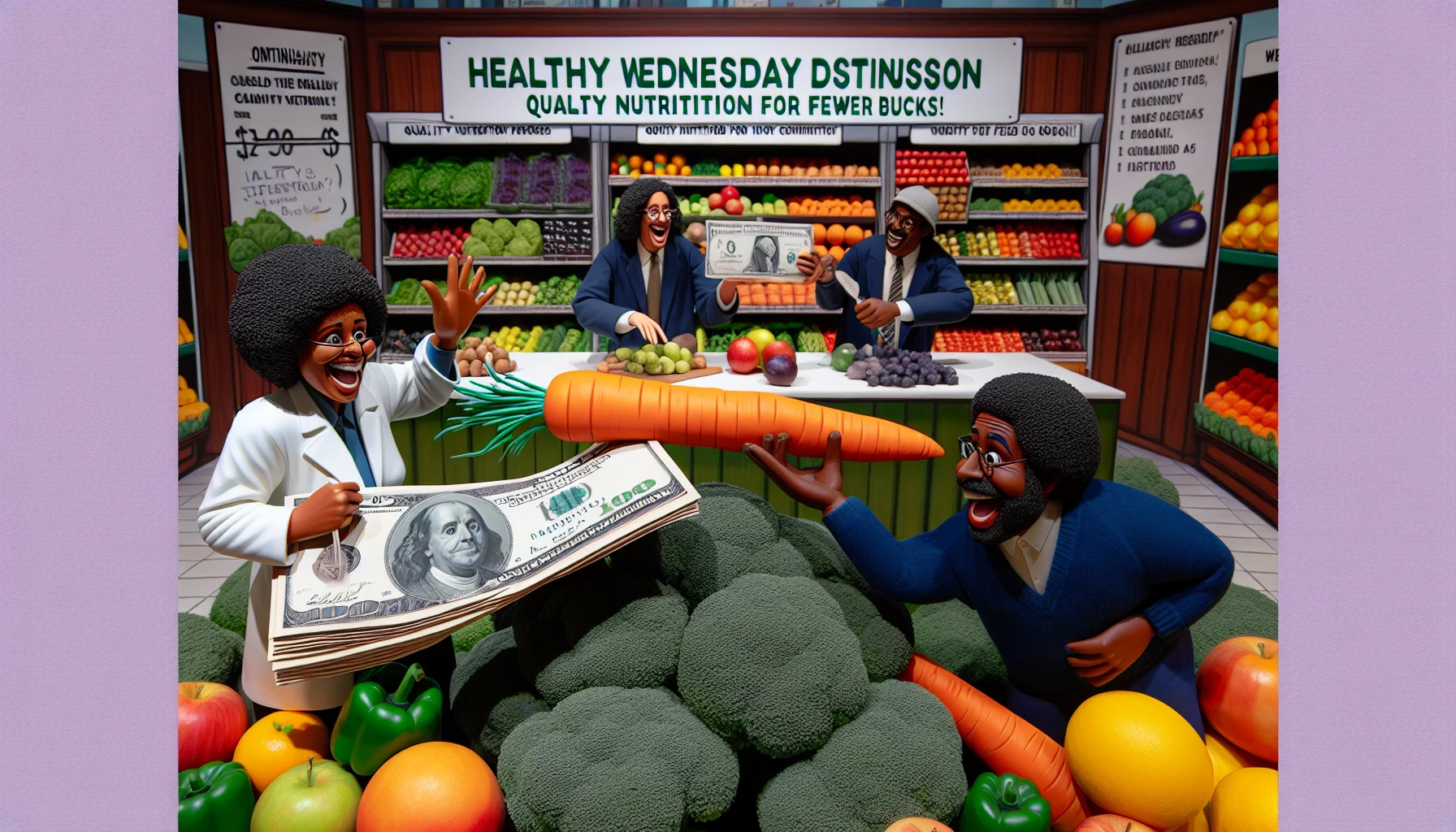 Imagine a comical scene taking place in a bustling supermarket. The backdrop is filled with fresh produce, displaying bright, colorful fruits and vegetables. In the foreground, two individuals are animatedly discussing healthy food choices. One person, a Caucasian woman with a sense of humor, is holding up a broccoli and a bundle of dollar bills, while an amused Black man is tickling a giant carrot with a feather, symbolizing its affordability. The placard in the background reads, 'Healthy Wednesday Discussion Continuation - Quality nutrition for fewer bucks!'. This whole setup suggests eating healthy is both fun and economical.