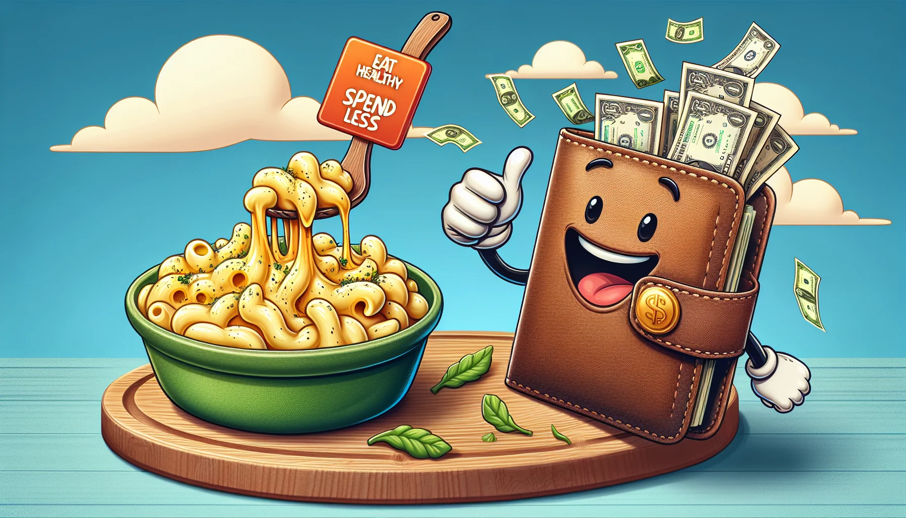 Craft an amusing, wholesome image of a homemade Mac & Cheese, oozing with cheese and adorned with a sprinkle of herbs, served on an eco-friendly wooden plate. It's placed next to a brightly colored price tag showing a surprisingly low cost. A cartoon-style banner flies across the sky, with the text 'Eat Healthy, Spend Less.' Completing the image is an anthropomorphic wallet, grinning widely and giving a thumbs-up, which personifies the concept of saving money while having wholesome food. Add a dash of humor by incorporating small bill-notes fluttering out of the wallet, symbolizing the money saved.