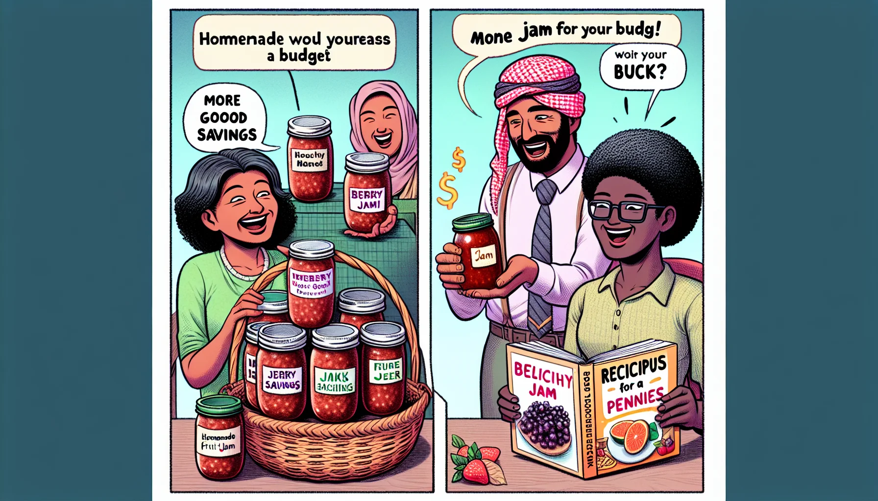 Depict a humorous scene with three different homemade jam gift ideas that encourage healthy eating on a budget. The first scene should depict a South Asian woman presenting a basket filled with enticing jars of homemade fruit jam, cleverly labeled with pun-inspired names like 'Berry Good Savings'. In the second scenario, create a Middle-Eastern man comically comparing the small size of a store-bought jam jar to a large, homemade jam-filled mason jar, with a tagline saying 'More Jam for your Buck!'. The final scene should be a Black woman joyously poring over a guidebook titled 'Delicious DIY: Jam Recipes for Pennies'.