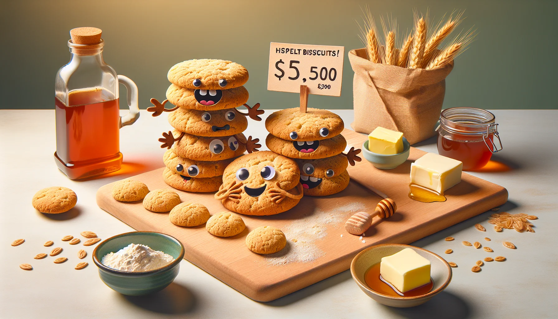 Craft an engaging and humorous scene reflecting the concept of a Homemade Spelt Biscuit recipe. Visualize a group of animated biscuits with facial expressions indicating desire to be eaten. They are placed on a clean kitchen countertop surrounded by affordable ingredients like spelt flour, butter, honey, and a pinch of salt. A price tag showing a smaller cost than usual is added, emphasizing the benefit of cost-effective healthy eating. The color palette should be warm, inviting and quite realistic.