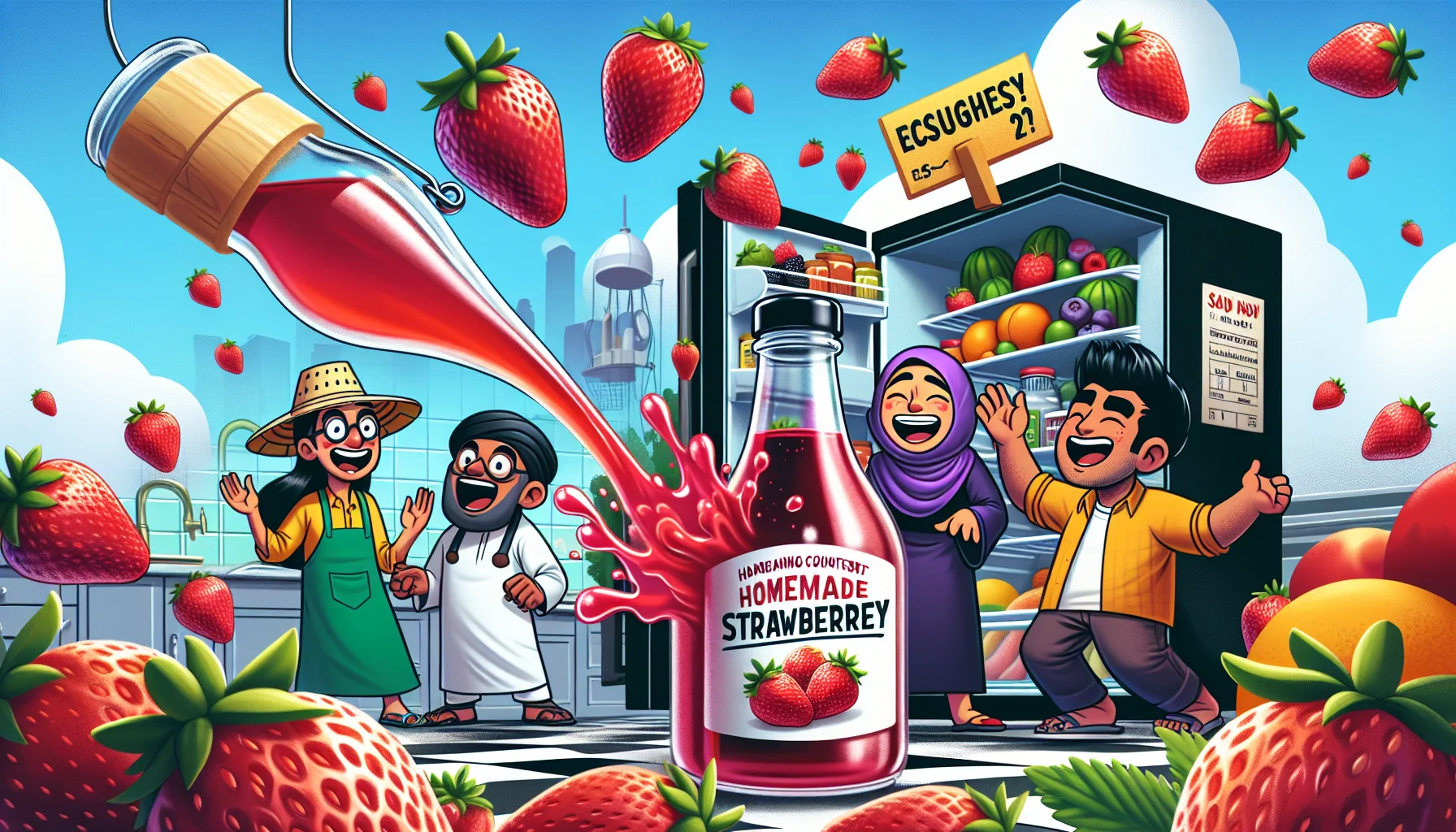 An amusing context featuring homemade strawberry syrup. In the foreground, there's a vibrant bottle filled with fresh ruby-red syrup showcasing the delicious strawberries that were used to make it. Charming cartoon characters—South Asian man, Hispanic woman, and Middle-Eastern child—all beam with delight. They are depicted in a surreal kitchen, where the fridge is hilariously overflowing with fruits, berries tumbling out. The characters are engaged in joyful high jinks like catching berries with an upside-down hat, launching fruits as if they were rockets, and exclaiming over the cost tags showing absurdly low prices. An atmosphere of fun, health, and economy fills the scene.
