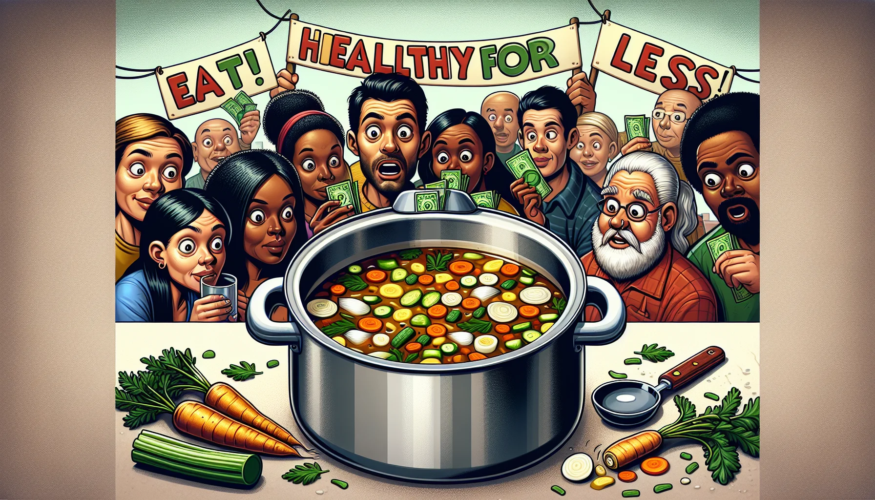 Create a humorous yet realistic image. Picture a large simmering pot of homemade vegetable stock, showcasing an array of colorful vegetables like carrots, onions, and celery, immersed in a rich, golden liquid. In the background, diverse cartoon-style characters with different descents and genders, such as a South Asian woman and a Black man, peer, with eyes widened, over the counter with a surprised and intrigued expression. They hold up less money than usual, suggesting the affordability of the recipe. Overhead, there's a playful banner that says 'Eat Healthy for Less!'