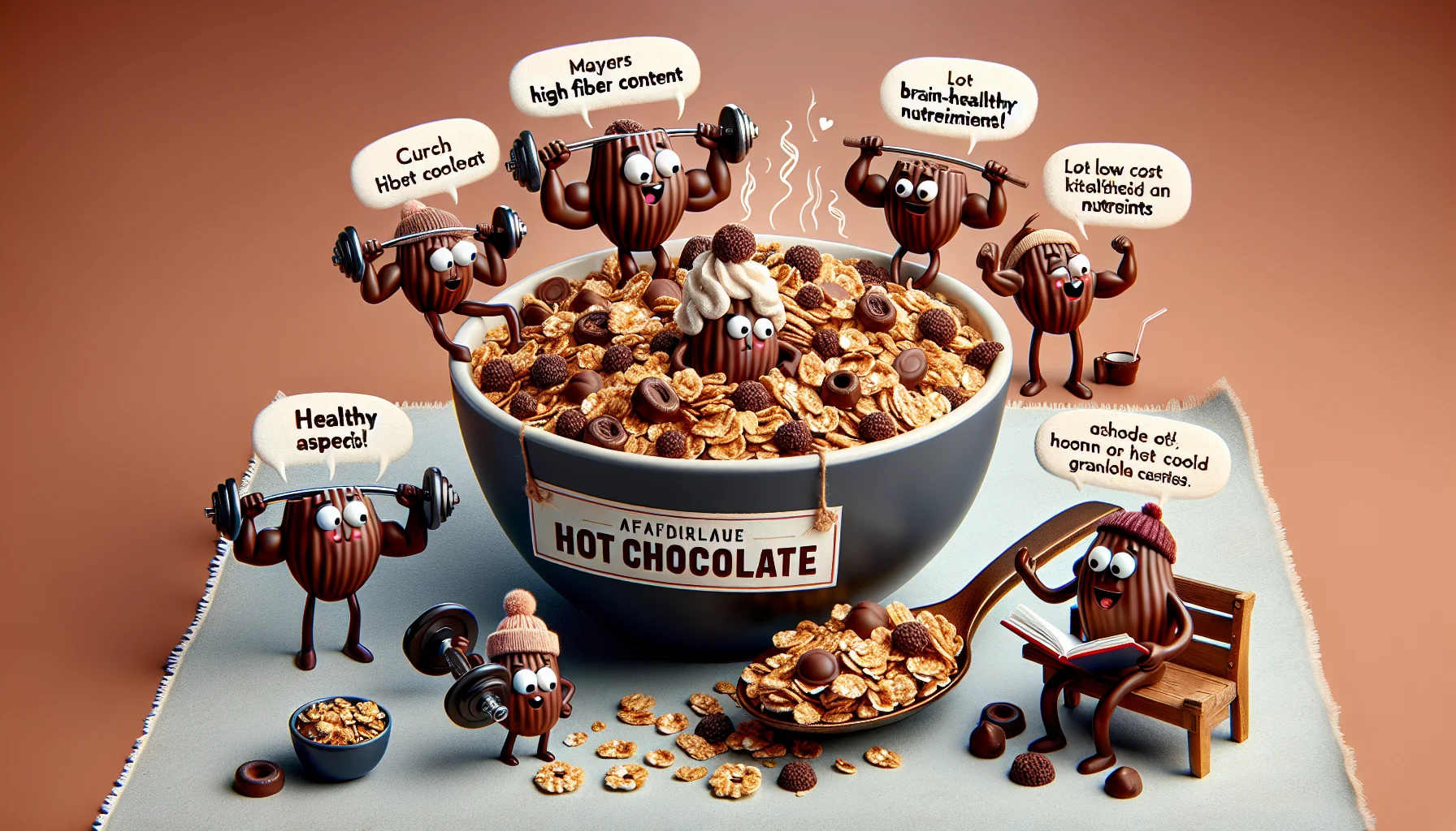 Craft a humorous yet realistic scene where hot chocolate flavored granola is stealing the limelight. Depict a big bowl of crunchy hot chocolate granola, with the granola pieces portrayed as cute, enticing characters illustrating its healthy aspects. Maybe a granola piece is lifting weights showing high fiber content, another is reading a book symbolizing brain-healthy nutrients etc. To underline the affordability aspect, these characters could be hanging out in a fancy setting typically related to expensive foods but jokingly remarking on the low cost of granola. Completing the picture, let there be humans of different ages, genders, and descents laughing and enjoying the spectacle, tempted to choose granola as their go-to option.
