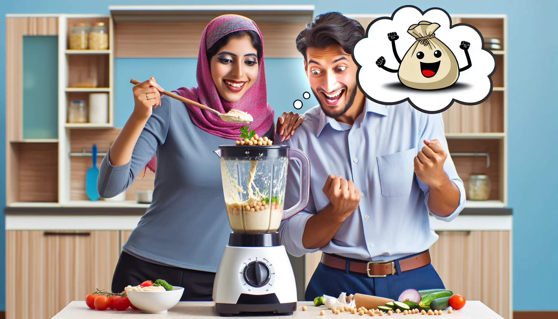 Depict a humorous and eye-catching scene of a South Asian woman and a Caucasian man making a delicious hummus recipe using a blender in a comfortably-decorated budget kitchen. The blender is energetically pulverizing the fresh ingredients for hummus, sending little splashes of humorously-shaped chickpeas flying in the air. You can see the excitement and delight on their faces as they realize they are eating healthy while saving money. Include a thought bubble over their heads featuring a cute happy dollar sign eating a bowl of hummus to symbolize the concept of 'eating healthy for less'.