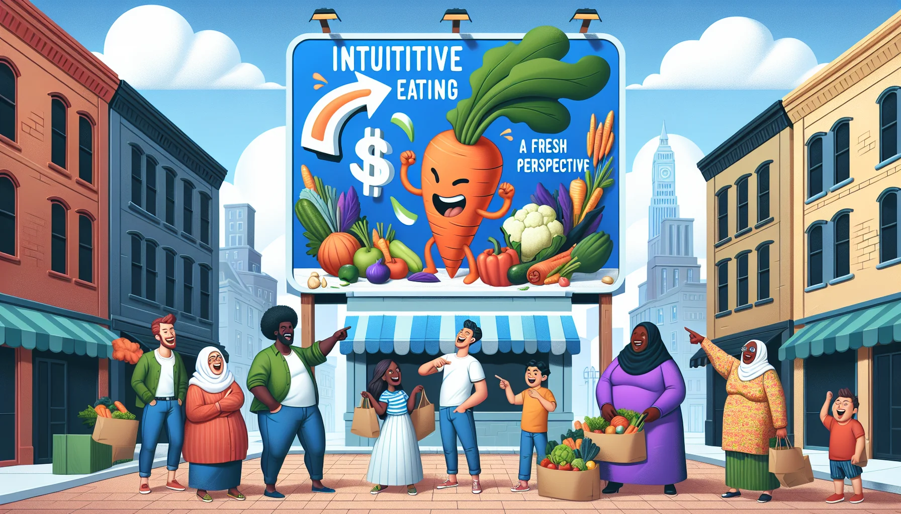 Create an illustrative and amusing scene showcasing 'Intuitive Eating: A Fresh Perspective'. In this lively town square, there is a large, colorful billboard with this phrase and the image of a giant carrot playfully wrestling with a dollar symbol. Around this square, there are diverse people Middle-Eastern woman, Caucasian man, South-Asian boy, and Black elderly woman - all laughing and pointing at this billboard, with their bags full of fresh vegetables and fruits. They are wearing casual everyday clothes and their actions suggest that they're enjoying their time shopping for healthy food while saving money.