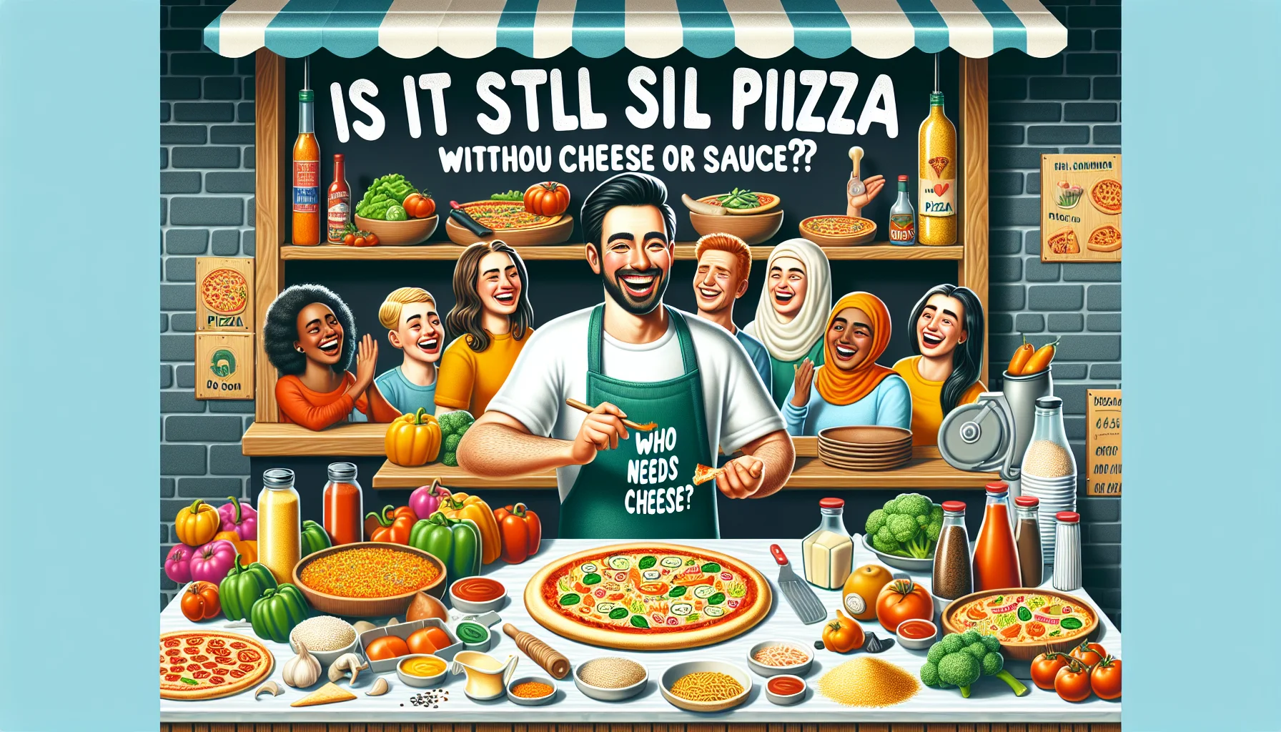 A humorous scene in a pizzeria with a sign reading 'Is It Still Pizza Without Cheese or Sauce?'. The pizzeria is beautifully decked out with vibrant colors and inviting aesthetics. Varied options of healthy and cost-effective pizza ingredients like fresh vegetables, grains and lean proteins are attractively displayed. A smiling pizzaiolo, of Caucasian descent, is creatively arranging these healthy ingredients on a pizza dough. Their apron humorously states 'Who Needs Cheese?'. Additional small groups of customers of varying gender and descent, like South Asian, Hispanic, and Middle-Eastern, can be seen laughing and enjoying the unique pizzas.
