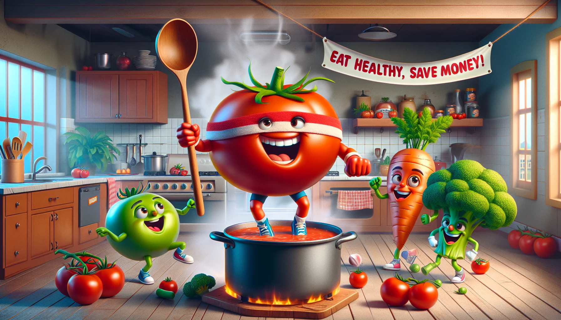 Explore a comical scene where a charismatic tomato, dressed as a fitness guru, is showing off the benefits of tomato soup. The animated tomato stands energetically in a fully equipped kitchen with a large pot of steaming tomato soup, brandishing a wooden ladle as if it were a fitness instructor's baton. A hippie-looking carrot, an athletic broccoli, and a cunningly cheerful onion are among the other various veggies in workout attire, cheerfully following the tomato's advice. Over the scene hangs a banner stating, 'Eat Healthy, Save Money!'