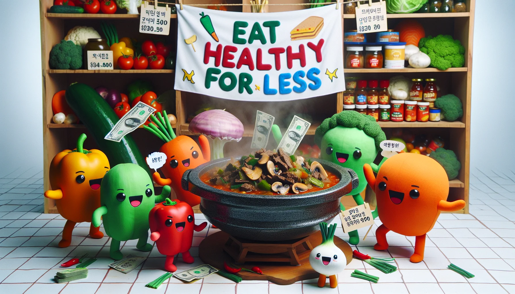 Imagine a humorous tableau revolving around a Korean beef stew recipe. The scene presents a steaming bowl of stew, with tender pieces of beef, mushrooms, green onions, and red chili peppers cooked to perfection and served in a traditional Korean stone pot. Advancing towards the stew are cute anthropomorphic vegetables and wallet characters, laughing and cheering. They carry banners emblazoned with slogans encouraging healthy eating and budget-friendly solutions. The backdrop consists of shelves filled with various affordable and healthy ingredients, all beneath a bright homemade banner that says 'Eat Healthy for Less'.