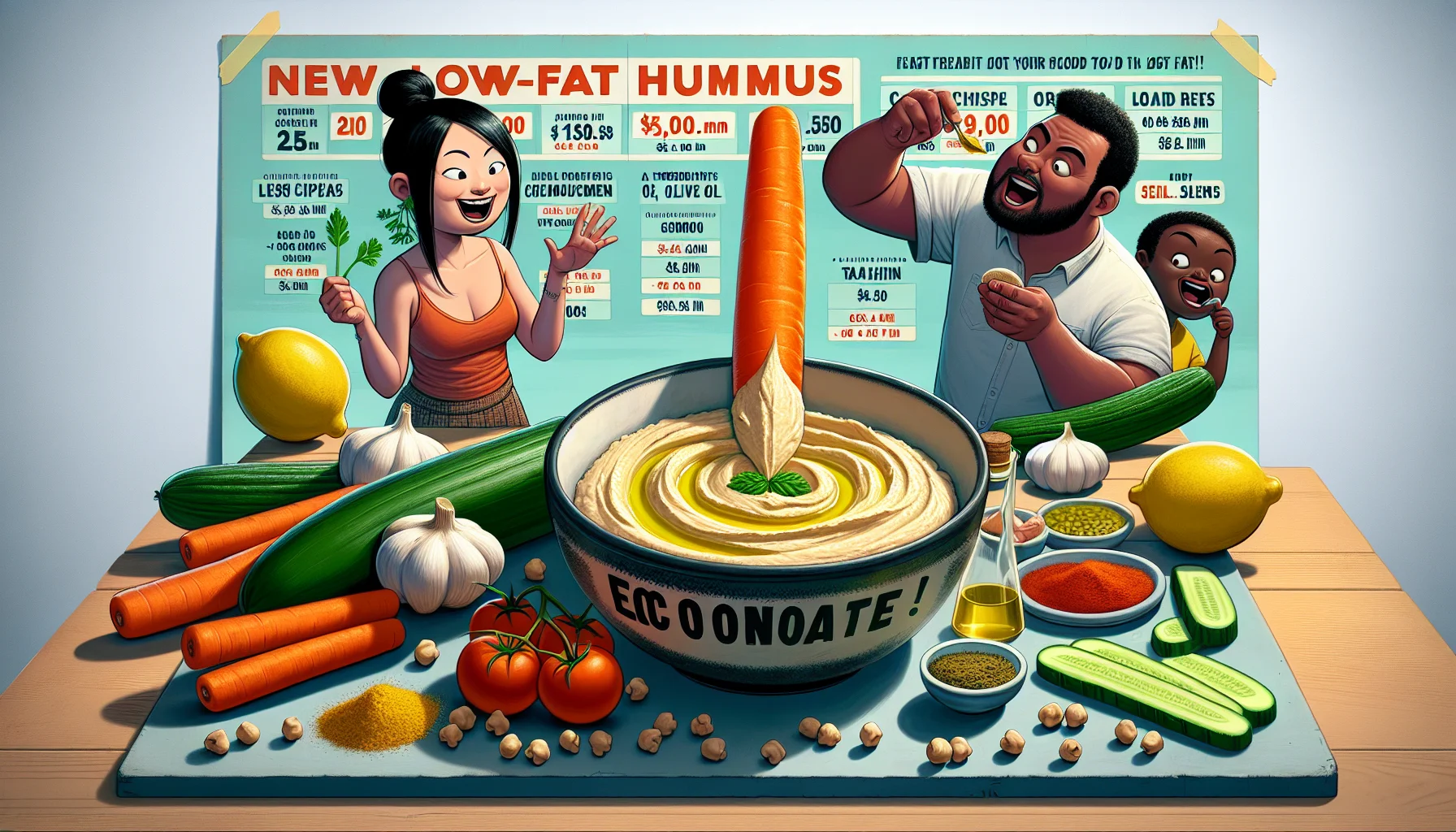 Imagine a humorous scene focused on a low-fat hummus recipe. A detailed spread is presented, showcasing all the economical ingredients: chickpeas, garlic, lemon, cumin, tahini, olive oil and other ingredients that contribute to its low-fat content. Three animated characters, an Asian woman, a Caucasian man, and a Black child, are seen enjoying the hummus with an oversized carrot stick, a cucumber, and a radish respectively. The characters are depicted with comically exaggerated expressions of delight, showcasing their enjoyment of this cheap and healthy snack. The background displays a colorful montage of humorous infographics detailing the cost savings and health benefits of the recipe.