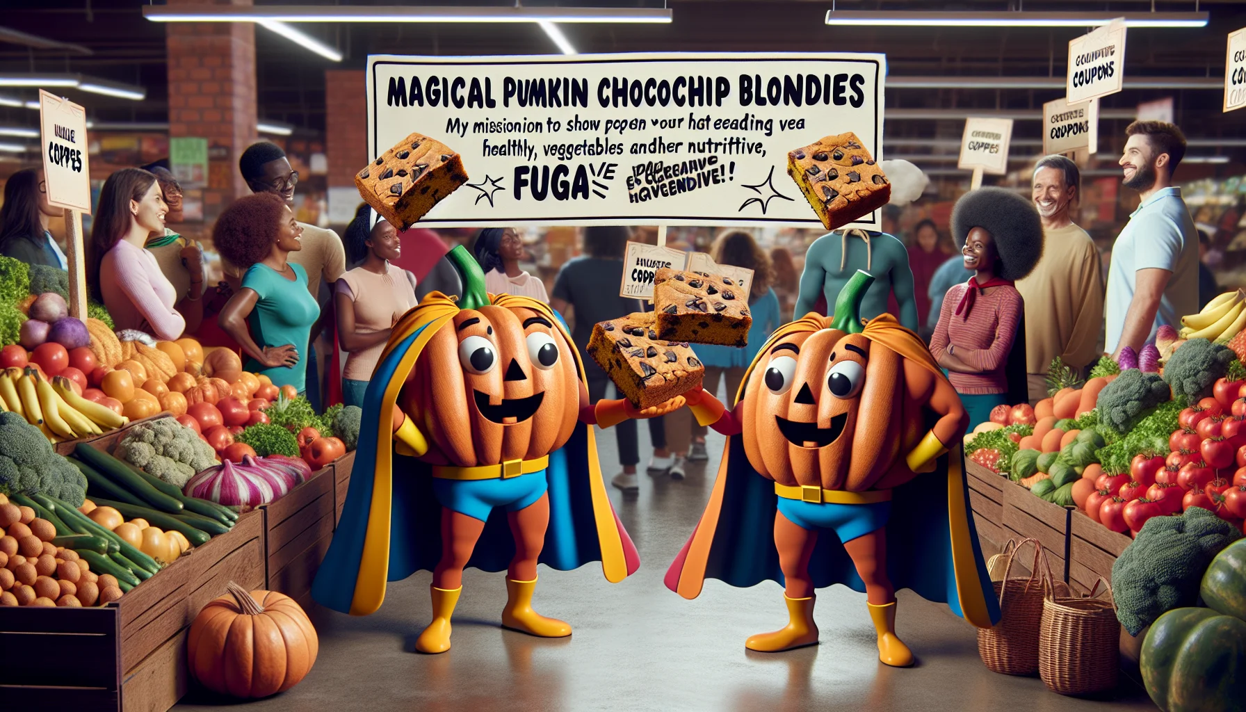 Create a creative and comical scene where Magical Pumpkin Chocolate Chip Blondies are acting as characters. They are donned in superhero capes, buzzing animatedly in a market. Their mission is to show people that eating healthily is not expensive. To do this, they are distributing coupons granting huge discounts on fruits, vegetables, and other nutritious items. Their charm and the delicious aroma wafting from them have attracted a multicultural crowd of people, African, Hispanic, Asian, and Caucasian, both men and women who are curiously approaching, intrigued by these healthy superheroes.