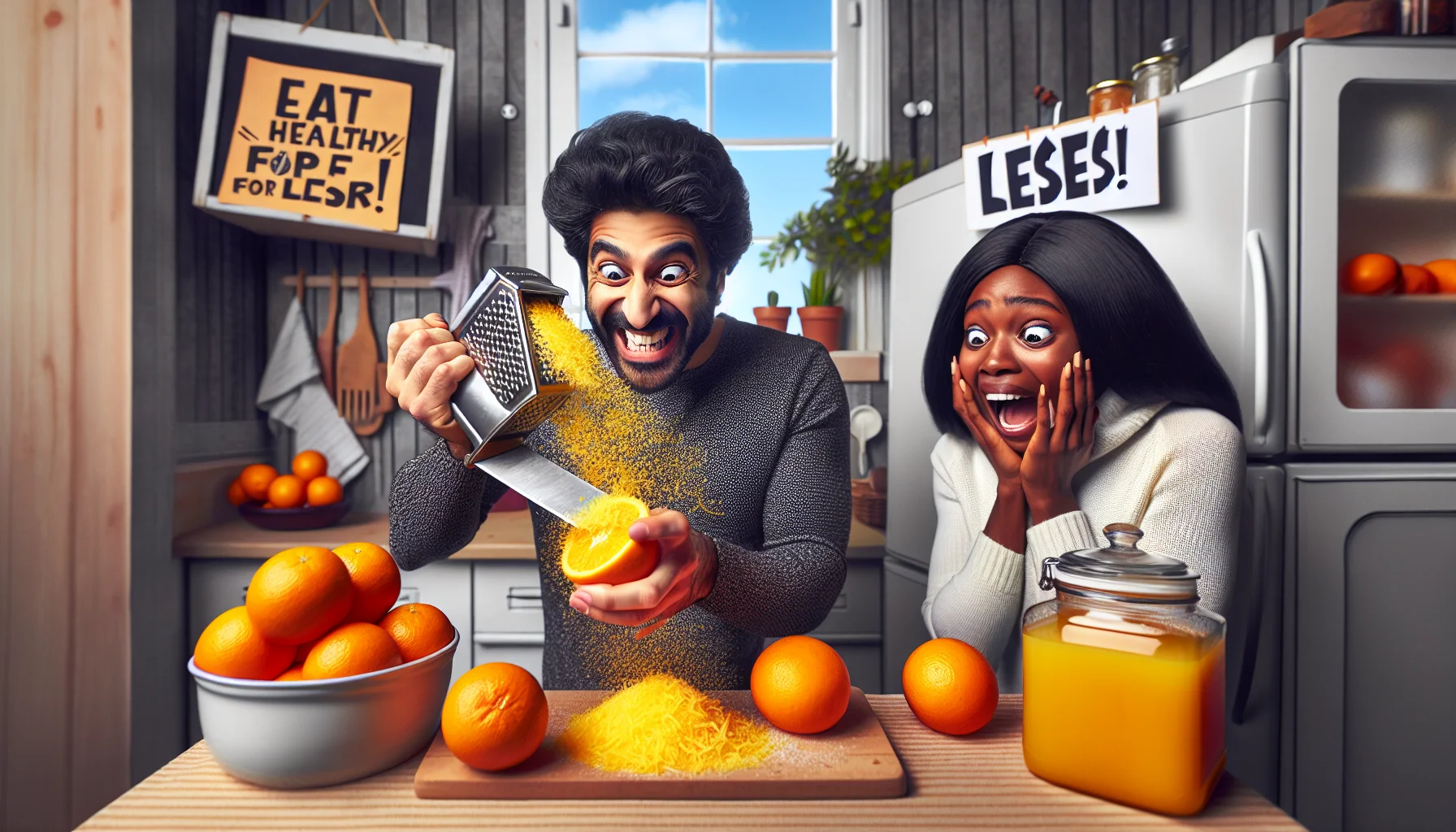 Generate a colorful and humorous scene in a cartoonish style. The scene happens in a modest home kitchen. A Middle-Eastern man stands at a countertop, grinning broadly, his eyes wide with excitement as he zestfully grates an orange, creating a lively spray of zesty particles. Near him, a black woman is shown gasping in surprise, a clear plastic bag of store-bought zest in her hand as she reads the price tag, her eyes nearly popping out. On the countertop, a pile of fresh oranges sits invitingly next to a cleverly homemade sign reading, 'Eat Healthy for Less!'