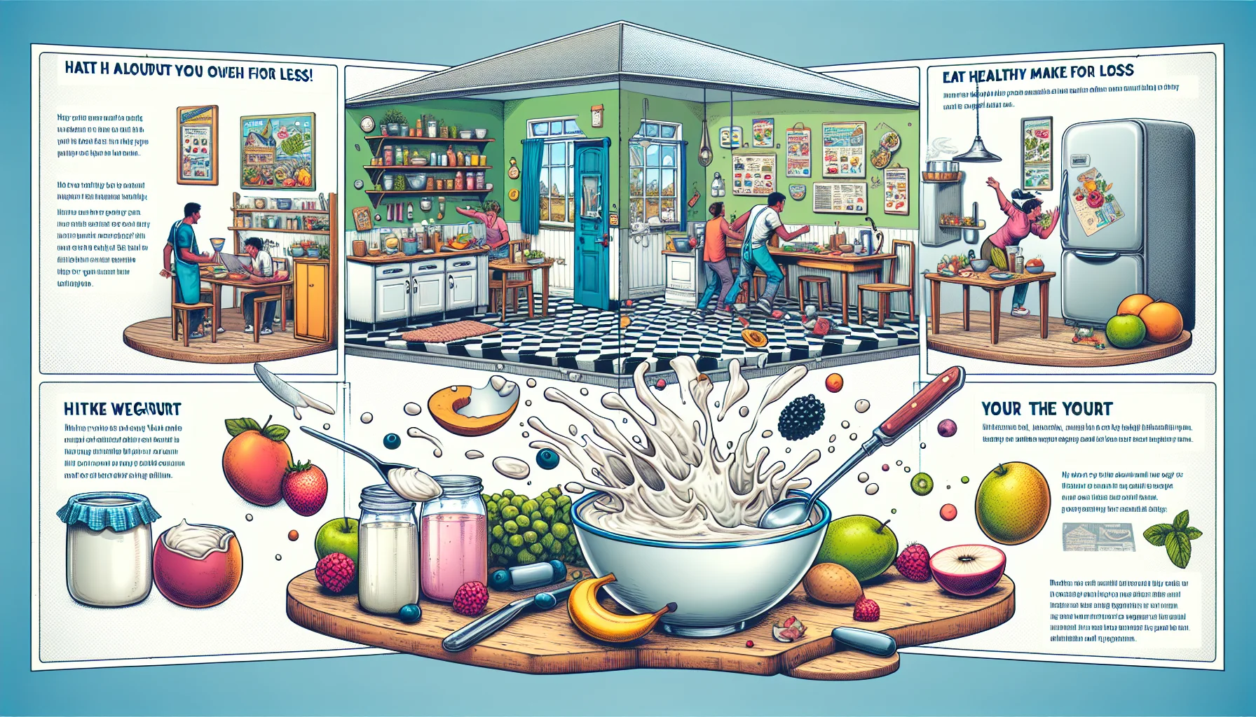 A detailed image illustrating a humorous take on the process of making yogurt at home as a cost-effective and healthy option. The scenario features people experiencing hilarity in their kitchen; maybe they've spilled some ingredients in a slapstick manner or the yogurt appears to be animated and jumping into the bowl itself. Show a rainbow of fruits and yogurt flavors representing the variety of healthy choices that can be made. The room's appearance should suggest simplicity and accessibility, relatable to everyone. Include a banner in the image stating 'Eat Healthy for Less!' to convey the message directly.
