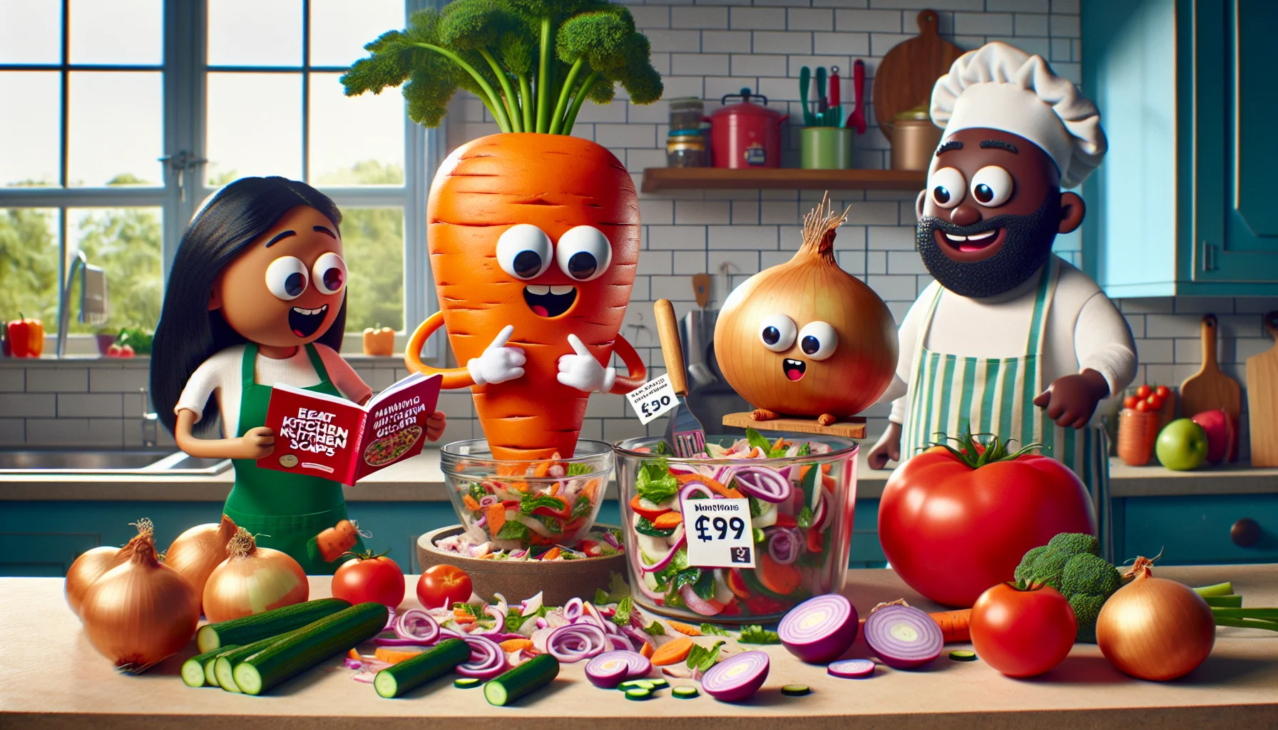 Picture this: In the center of a brightly lit kitchen, an animated, oversized carrot and onion, both with cute faces, are using tiny cooking utensils to transform kitchen scraps into a delicious, colorful salad. On the side, a tomato is reading a cookbook titled 'Maximizing Kitchen Scraps'. To add humor, incorporate an excited South Asian woman and a skeptical Black man, dressed as chefs, looking on in surprise at the scene. Visible price tags on the scraps indicate a low cost, highlighting that eating healthy doesn't need to be expensive. A text bubble from the onion says, 'Eat healthily, save money!'