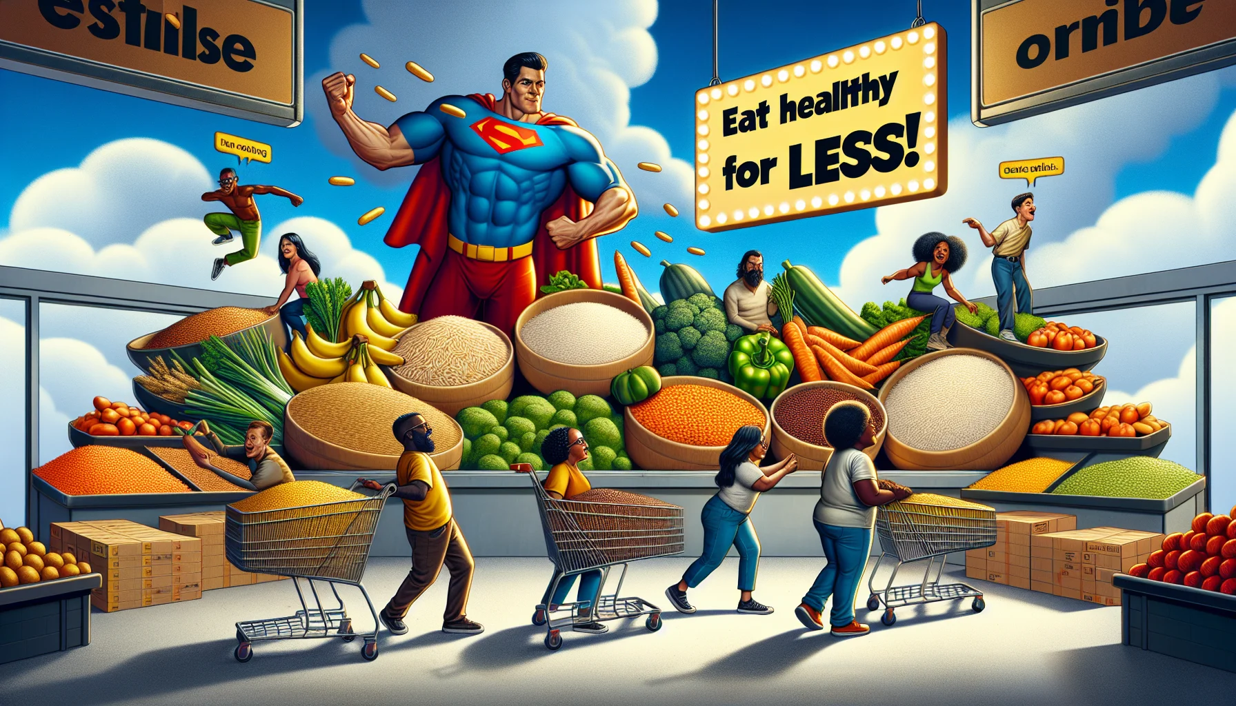 Image of a humorous scene set in a supermarket where produce items and staples such as rice, lentils, and oats are exaggerated to look larger than usual, symbolizing their greater value for maximizing a grocery budget. In this image, a variety of individuals with different descents like Caucasian, Hispanic, Black, and South Asian are seen loading these oversized food items into their carts, with comically overwhelmed expressions on their faces. Added to this entertaining scenario, there's a glowing banner in the sky that humorously says 'Eat Healthy for Less!' as if it's a superhero call to action.