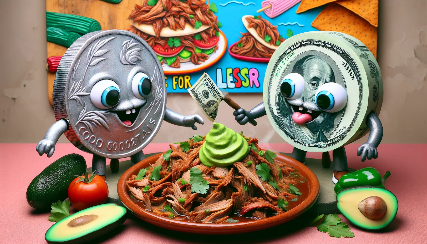 Imagine a whimsical scenario where an enormous silver coin and a vibrant green dollar bill, both equipped with cute facial expressions, are being enticed by the heavenly aroma of a delicious traditional Mexican dish - Pork Carnitas. The Pork Carnitas is cooked to perfection, with tender shredded meat, a smattering of cilantro and bell peppers, and a side of avocados and tomatoes, all presented beautifully in a ceramic dish. A colorful sign behind the animated money characters reads, 'Eat Healthy for Less.' This image combines humor, food art, and a strong message about the financial benefits of healthy eating.