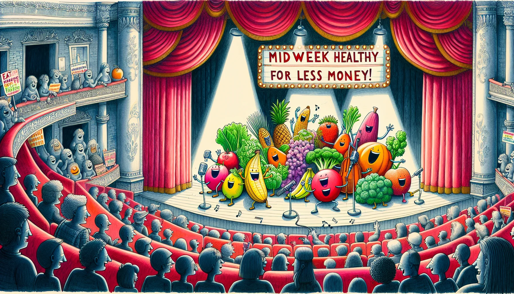 Draw a humorous and realistic scene to represent a 'Midweek Health and Wellness Update'. In this scene, depict a variety of inexpensive fruits and vegetables dramatically performing a musical on stage, with a lively audience of different foods. The fruits and vegetables should be singing about their respective health benefits and affordability. Include people of mixed descents and genders as spectators, laughing and enjoying the show. The setting should be a traditional theater with balconies, lush red curtains, and an elaborate stage, lit by an old-world chandelier. The billboard at the theater entrance proudly declares 'Eat healthy for less money!'