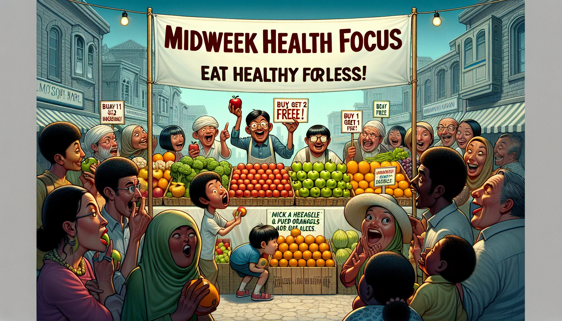 Visualize an amusing scenario that draws attention to the 'Midweek Health Focus'. Picture a crowded local market where various fruits and vegetables are being sold at surprisingly low prices. Above the market, a large banner reads 'Midweek Health Focus - Eat Healthy for Less!' The focus should be on a stand where an Asian man is selling apples and oranges with a sign saying 'Buy 1, Get 2 Free!'. A black woman with a surprised expression and a grocery bag filled with fresh produce is seen bargaining. A small kid of Hispanic descent is trying to reach an apple, while his Middle-Eastern father is laughing, enjoying this healthy madness.