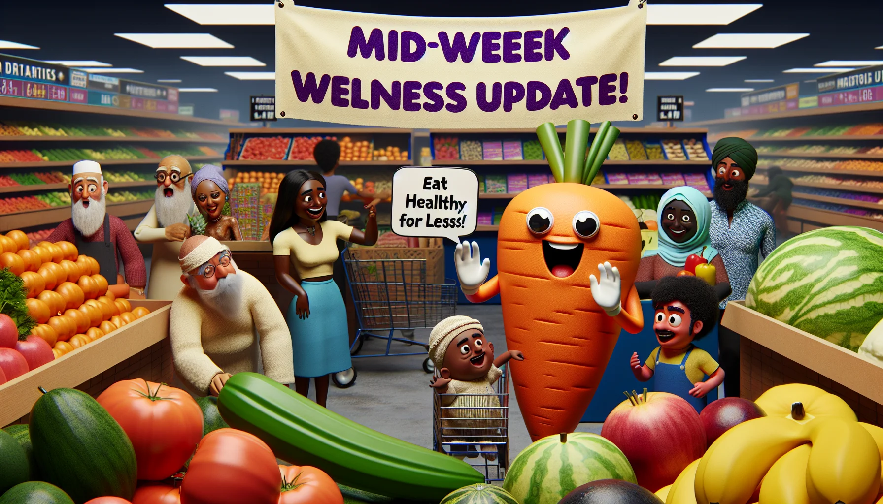 Imagine a humorous and realistic scene centered around a 'Midweek Wellness Update'. A friendly mascot, maybe in the shape of a carrot with googly eyes, is comically waving a banner that reads 'Eat Healthy for Less!'. In the background, a grocery store scene with shelves stocked with a vibrant array of fruits and vegetables. There could be a few shoppers, with each having distinct characteristics: an elderly Asian man carefully choosing apples, a young Black woman laughing while reaching for a bunch of bananas, and a Middle-Eastern child in awe at the sight of oversized pumpkins. This playful scenario emphasizes the affordability of maintaining a balanced diet.