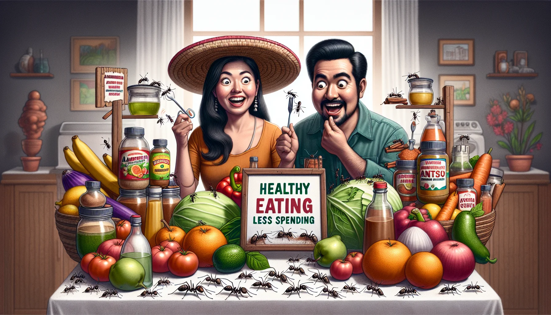 Envision a humorous scene depicting natural ant removal methods. This scene includes an array of fruits and vegetables arranged in an alluring way to encourage healthy eating habits. In the center, two individuals, a South Asian male and a Hispanic female, are ingeniously using household items such as vinegar and cinnamon to deter an army of ants. The facial expressions of the characters convey surprise and amusement, making the scene laughable. To emphasize affordability, a signboard is added to the scene, displaying 'Healthy Eating, Less Spending.'