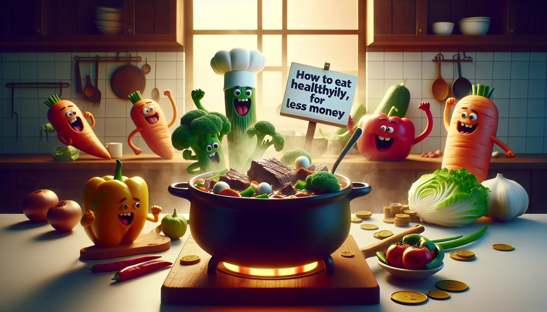 Create a humorous and enticing scene demonstrating how to eat healthily for less money. A stew, made by an imaginary chef, is front and center. The stew is simmering with healthy ingredients like tender chunks of beef, an abundance of vegetables, and rich, savory broth. Details that underscore its affordability like discounted price tags or coins are scattered around. Characters in the form of anthropomorphic vegetable and beef figures are expressing their excitement and attractiveness by acting in amusing and theatrical ways. This lively scene unfolds in a warm, welcoming kitchen.