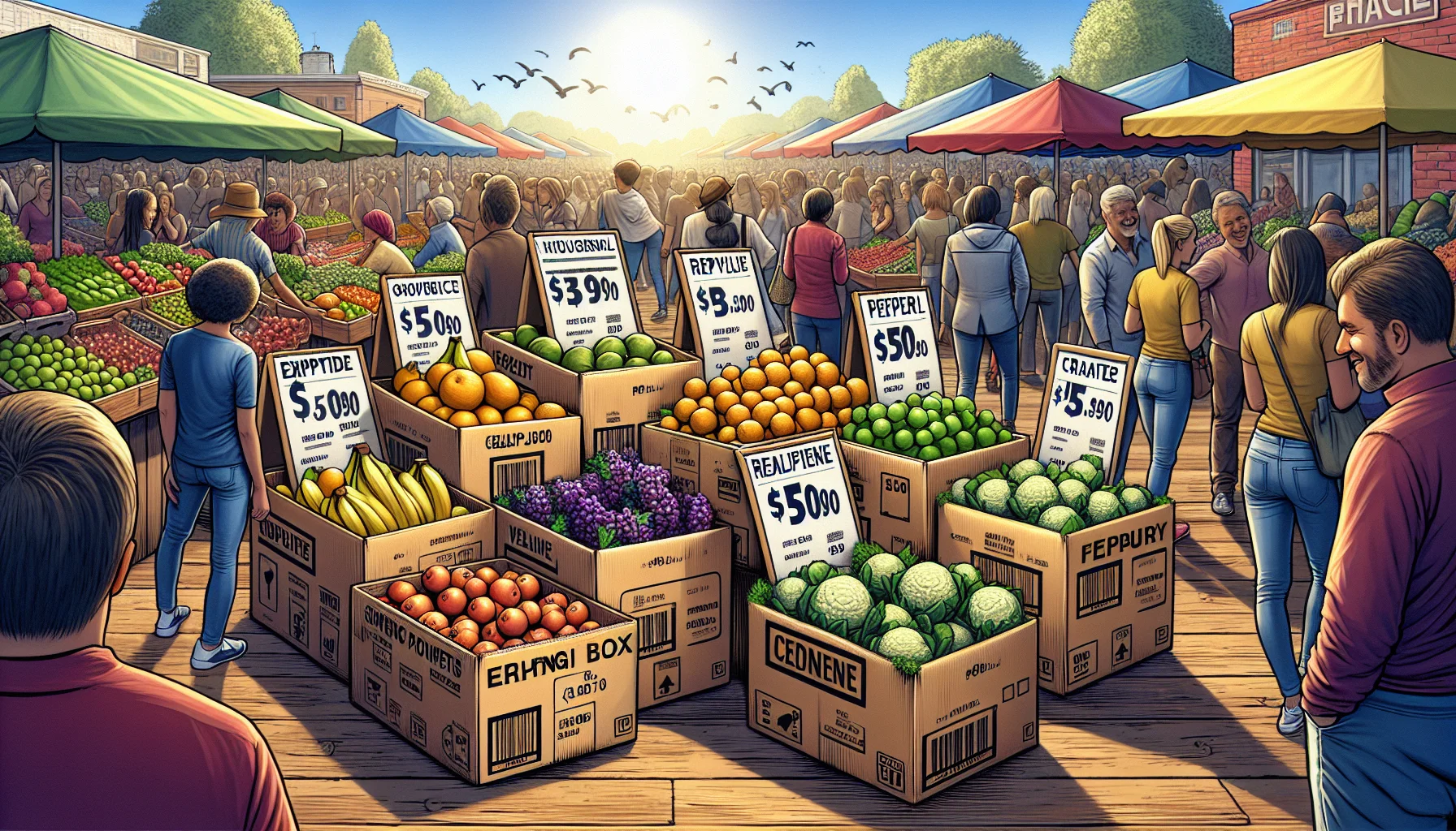 Create an amusing and realistic illustration of a scene where empty shipping boxes are ingeniously being used for organization. Picture this in a vibrant farmer's market setting, brimming with an array of fresh fruits and veggies. Imagine creative price tags on these boxes that humorously persuade customers to choose the healthier options by highlighting how economical they are in comparison to processed foods. A busy, mixed-descent crowd is seen inspecting the produce and chuckling at the witty price tags.