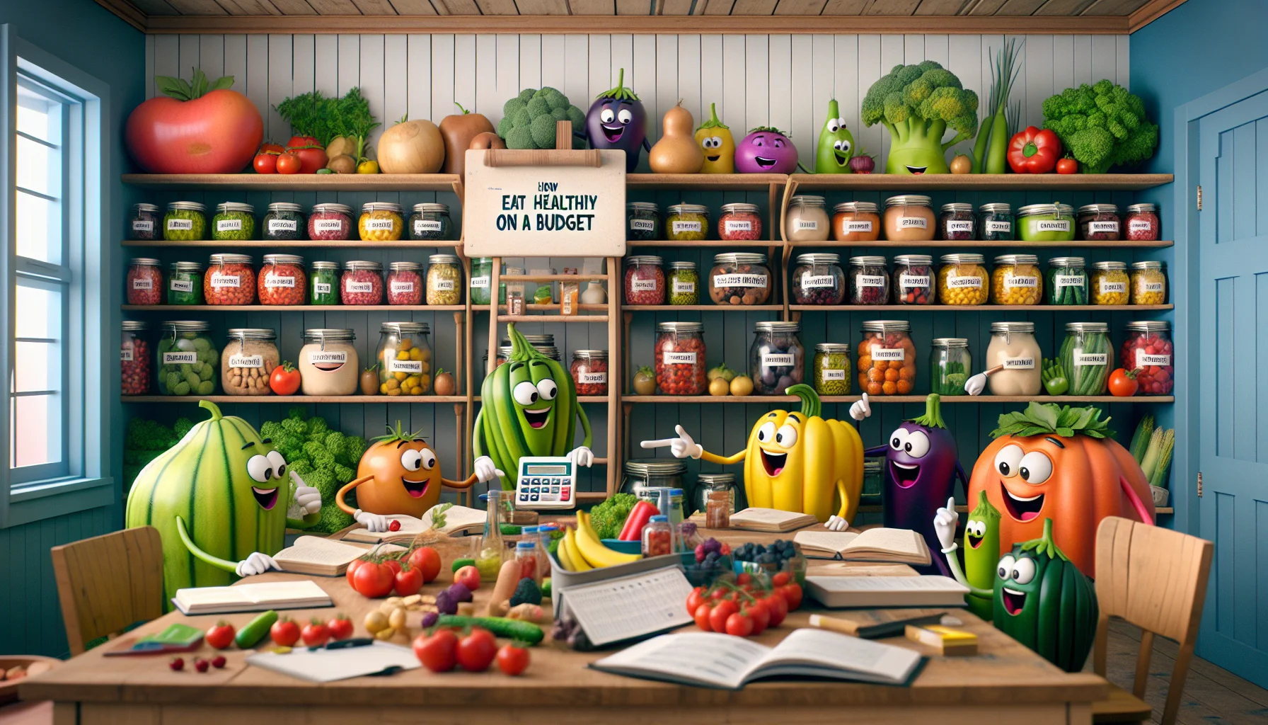 Imagine a lively kitchen scene showcasing an endearing and humorous approach to budget-friendly organization. The shelves are lined with an assortment of jars and containers, each filled with a variety of colorful fruits, vegetables and whole foods. A raucous group of animated vegetables with anthropomorphic features are leading a fun-filled session on how to eat healthily on a budget. They're using oversized calculators, consulting budgeting books, and demonstrating how much money can be saved by choosing fresh, healthy ingredients instead. Encourage a sense of camaraderie, humor and fun in this creative and educational setting.